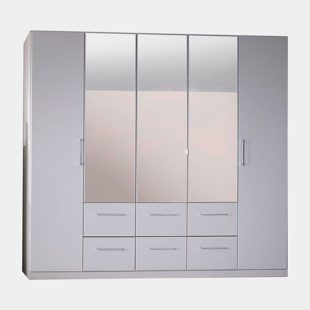 Cologne - Mirrored Wardrobe With Drawers & Mirror 226cm 5 Door 3 Mirror 6 Drawer