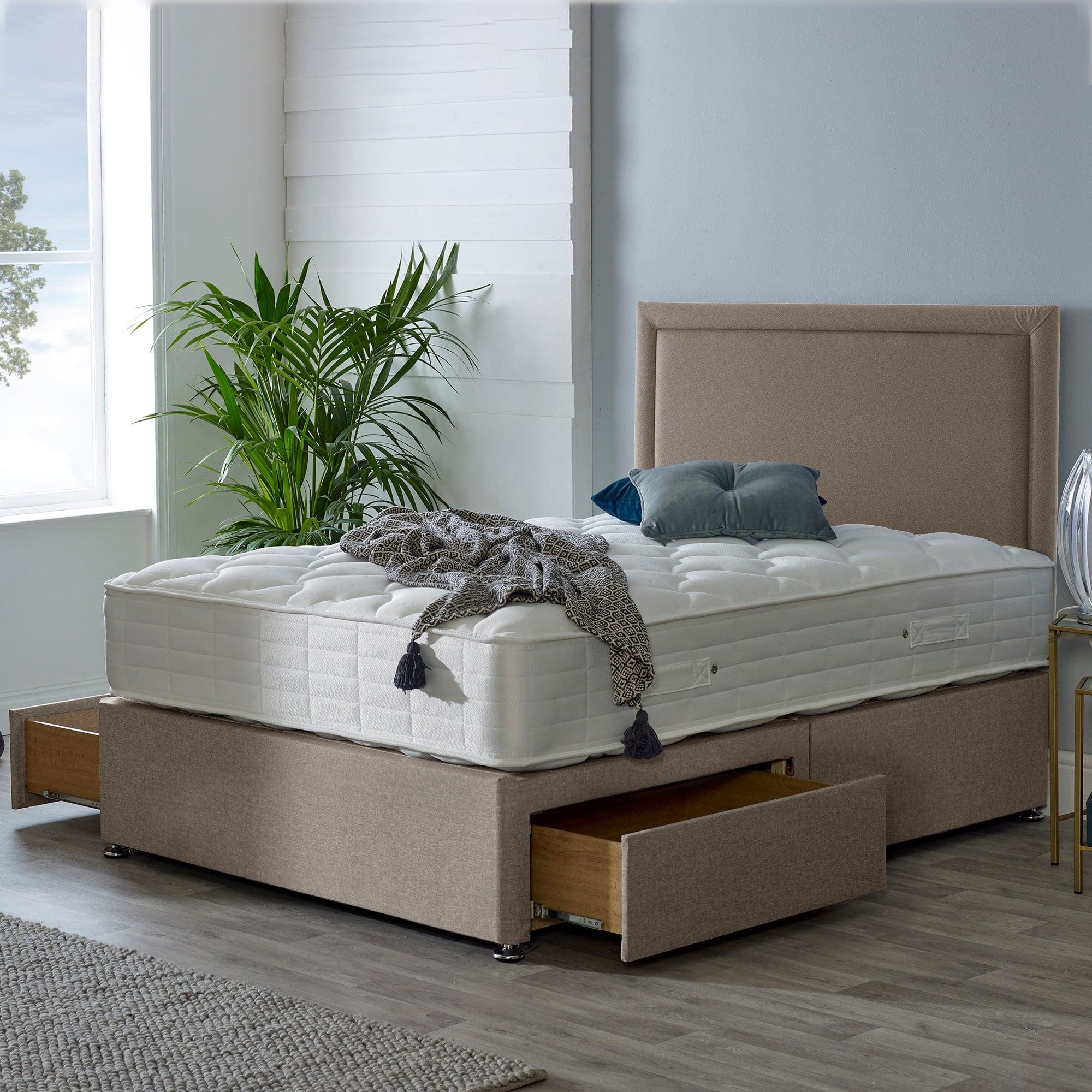 Small Double (120cm) P/Top 2 Drawer Divan Set With 24" Madrid Headboard in Lana Beige