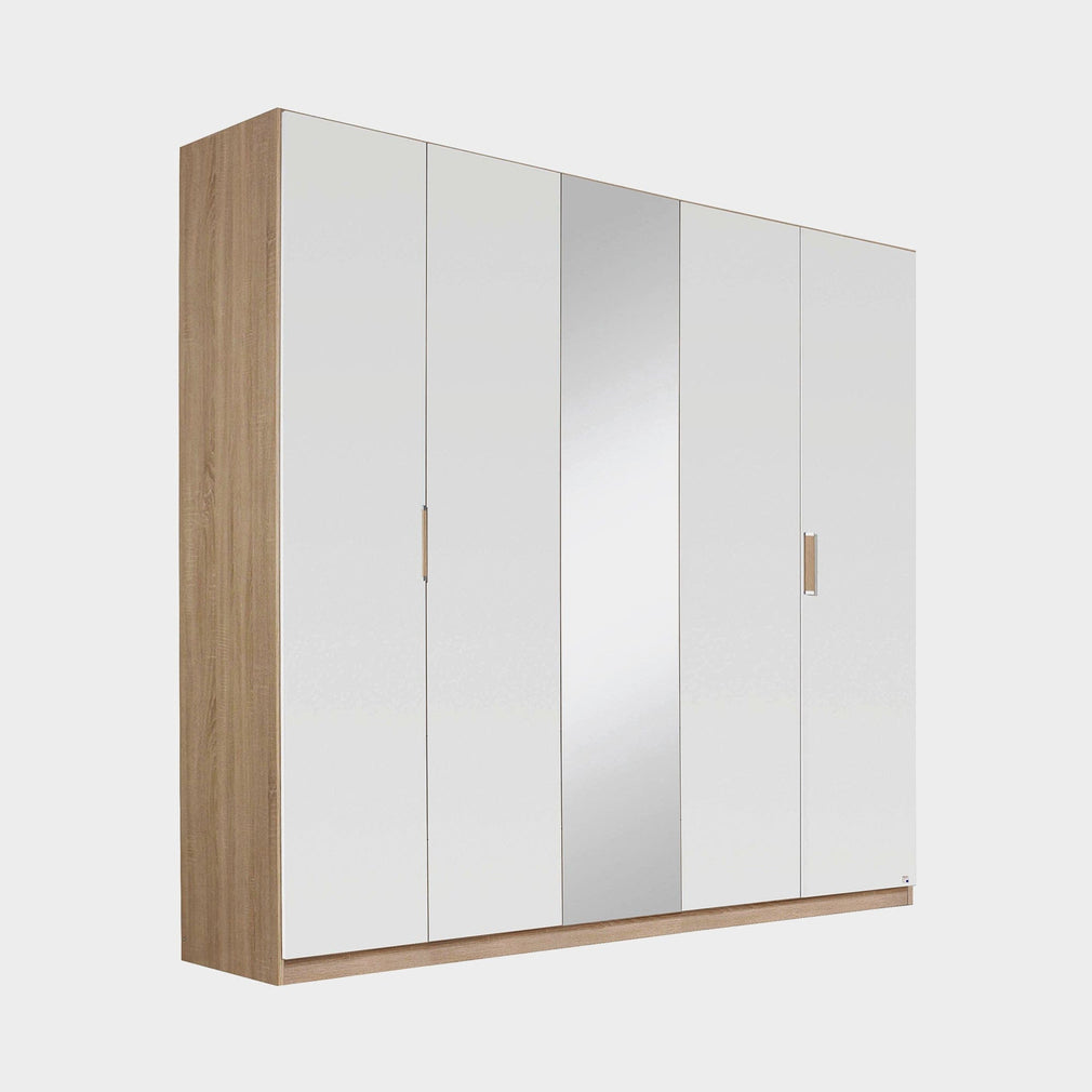 Gamma - Mirrored Wardrobe, Oak & Glass 226cm 5 Door 1 Mirror Glass With Vertical Trim