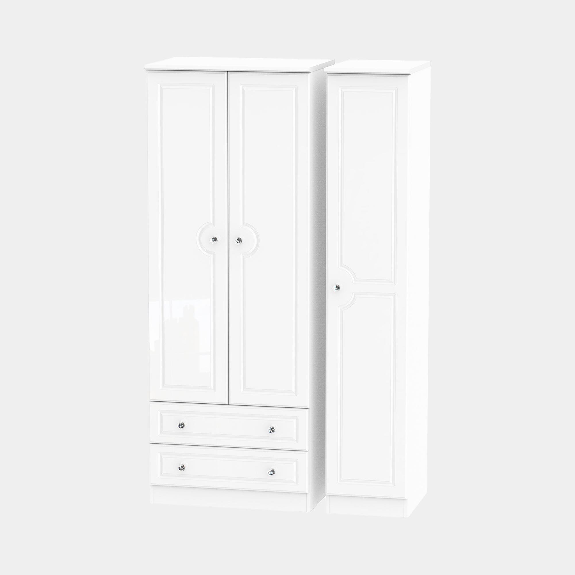Lincoln - Tall Triple Door Robe With 2 Drawers White High Gloss With Crystal Handles