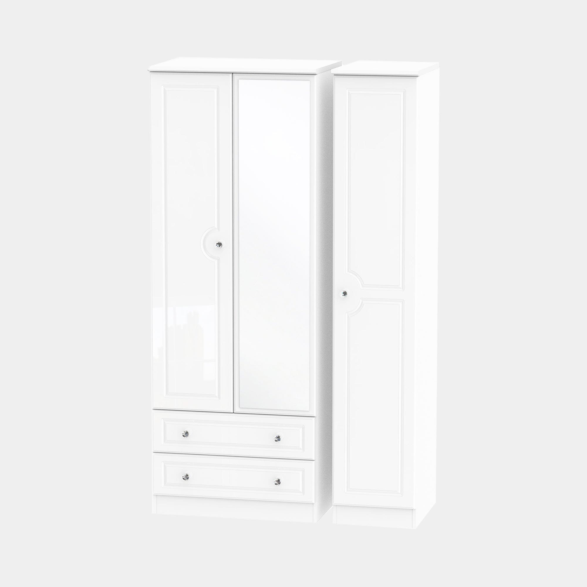 Lincoln - Tall Triple Door 1 Door Mirrored With 2 Drawers Robe White High Gloss With CrystalHandles