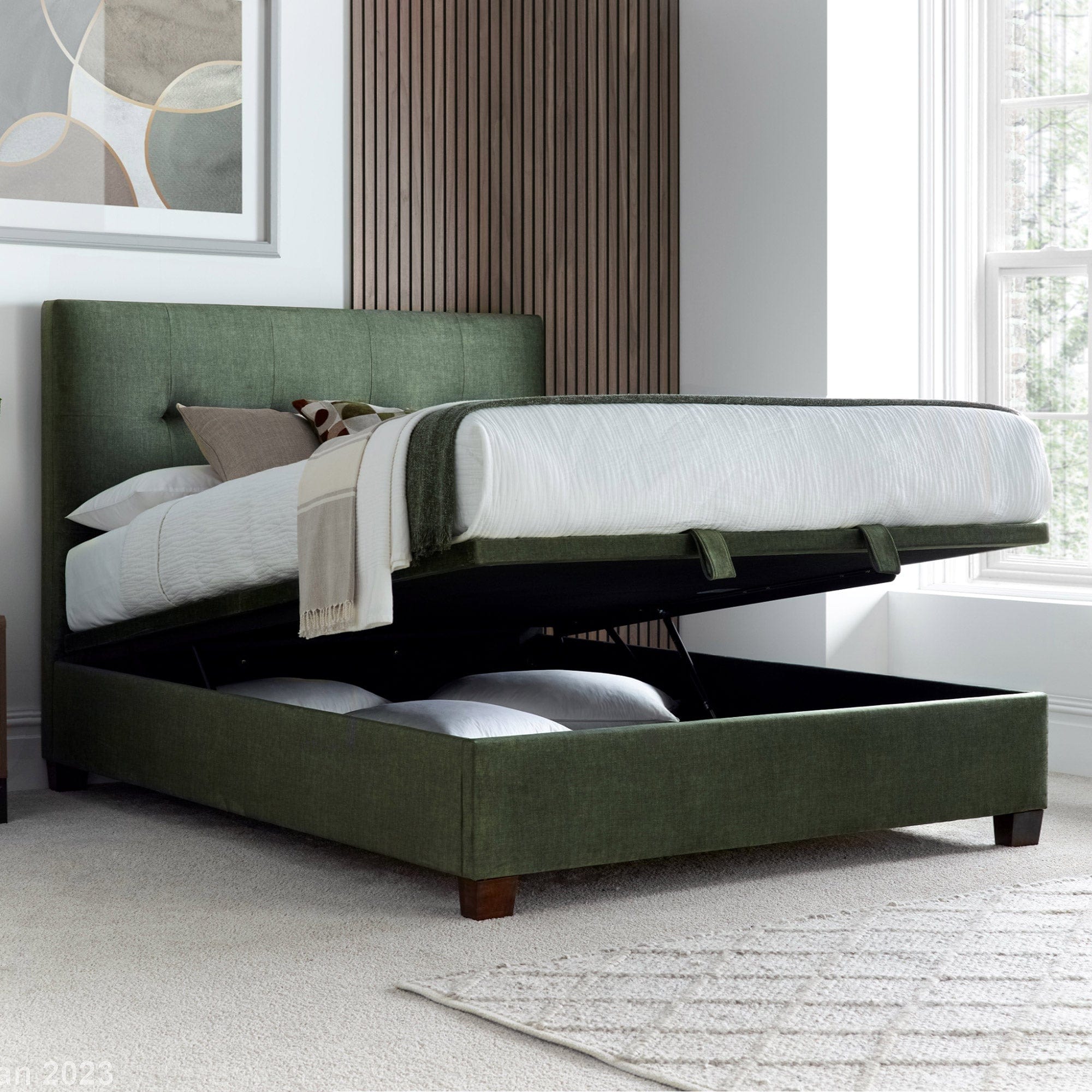 Nicola - Ottoman Bed Frame, Fabric Winter Moss Green