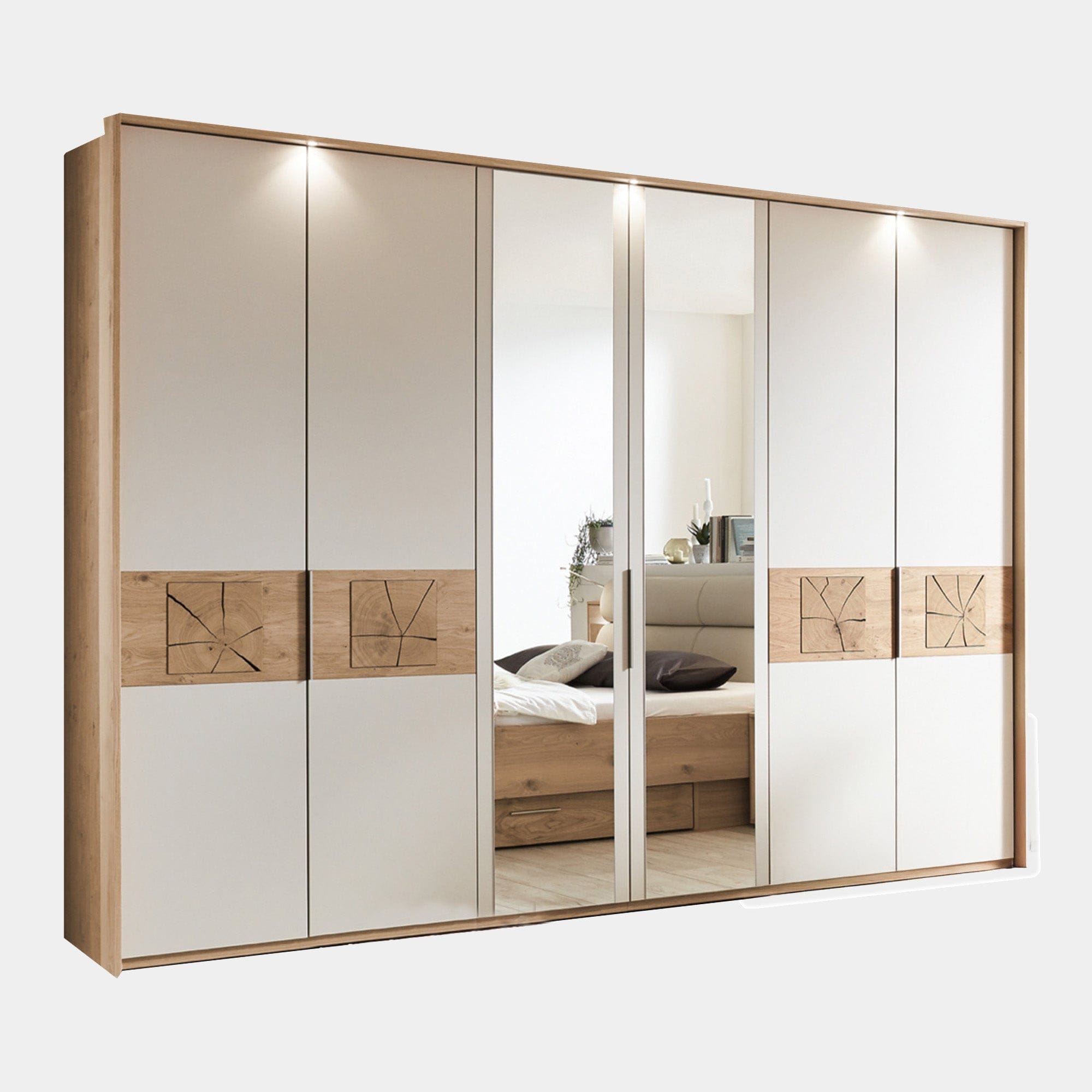 Ontario - 150cm Hinged with Mirror 3 Door Robe 229.4cm H In Balkan Oak & Lacquer Sand