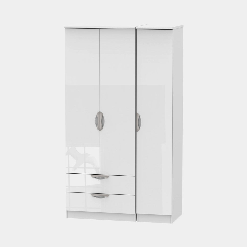 Stanford - Wardrobe With Drawers 111cm 3 Door 2 Large Drawer White High Gloss