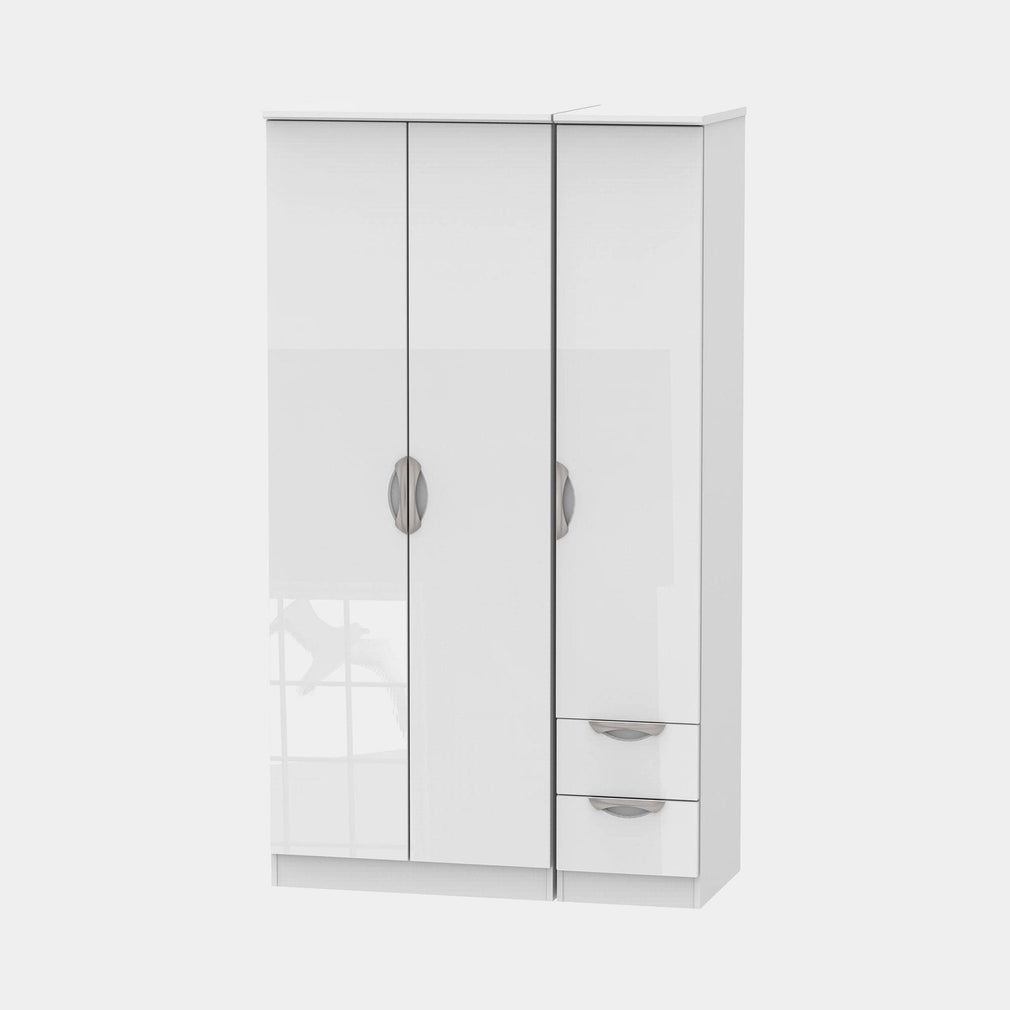 Stanford - Wardrobe With Drawers 111cm 3 Door 2 Small Drawer White High Gloss