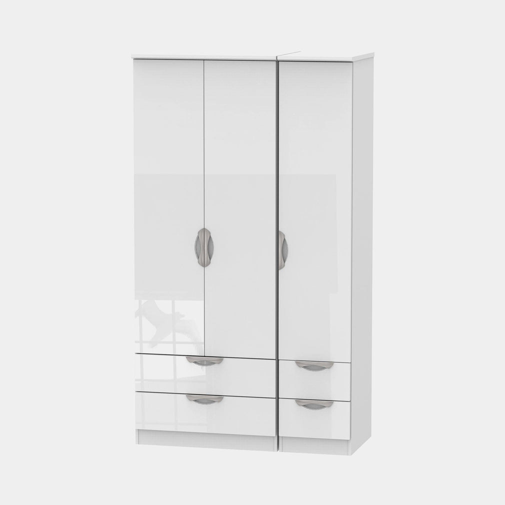 Stanford - Wardrobe With Drawers 111cm 3 Door 4 Drawer White High Gloss