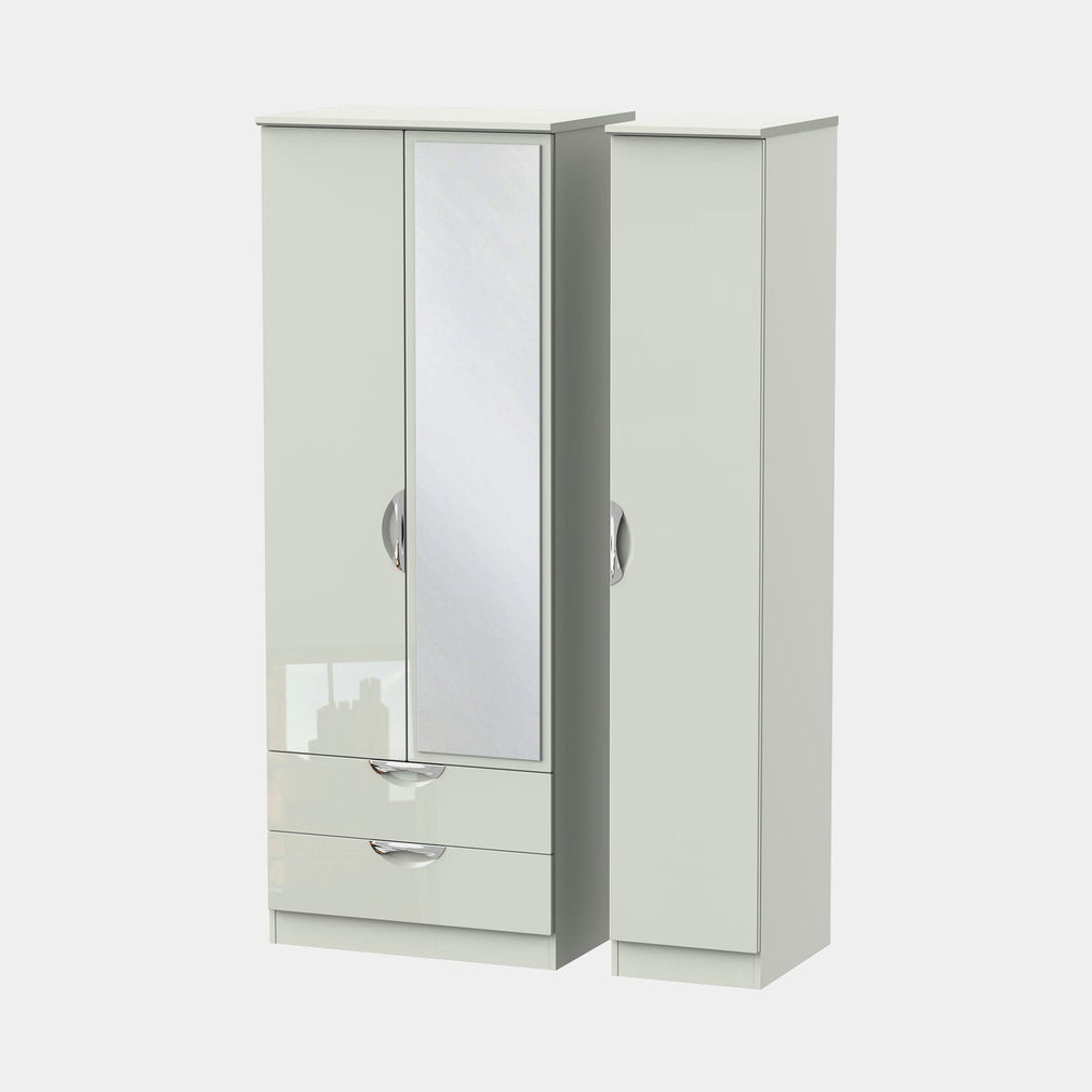 Stanford - Wardrobe With Drawers & Mirror 111cm 3 Door 1 Mirror 2 Large Drawer Kaschmir High Gloss