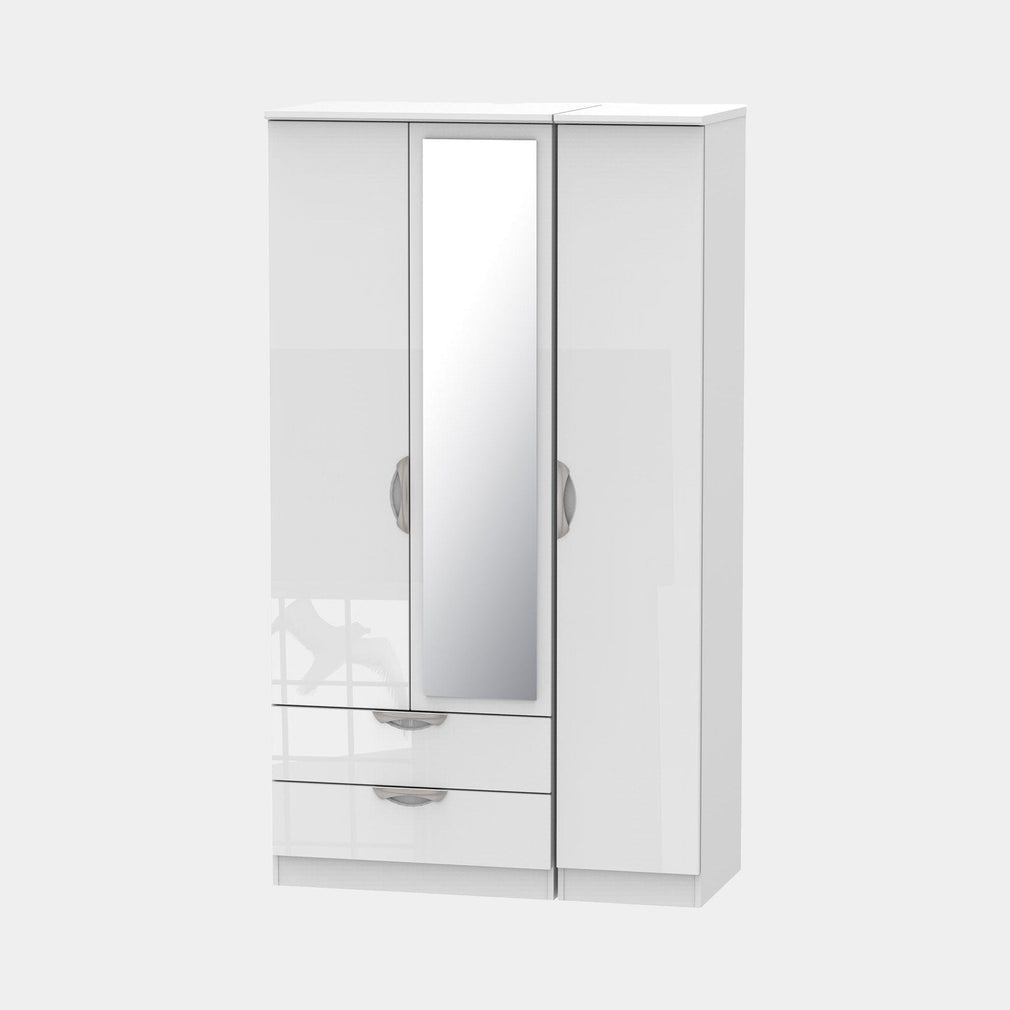 Stanford - Wardrobe With Drawers & Mirror 111cm 3 Door 1 Mirror 2 Large Drawer White High Gloss