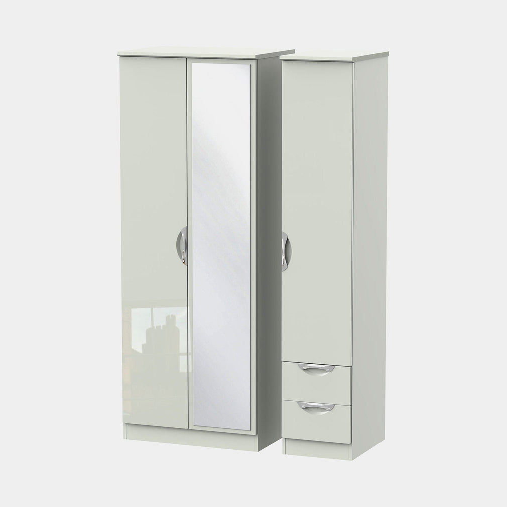 Stanford - Wardrobe With Drawers & Mirror 111cm 3 Door 1 Mirror 2 Small Drawer Kaschmir High Gloss