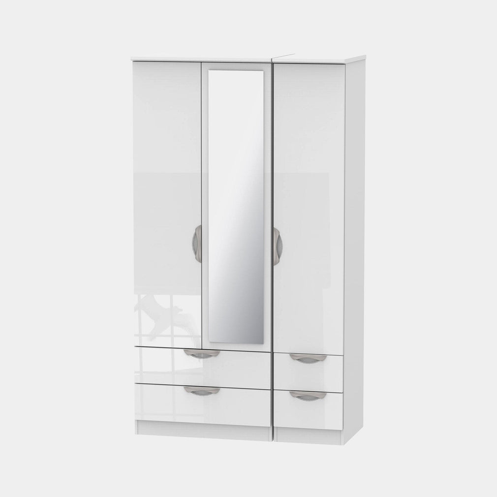 Stanford - Wardrobe With Drawers & Mirror 111cm 3 Door 1 Mirror 4 Drawer White High Gloss