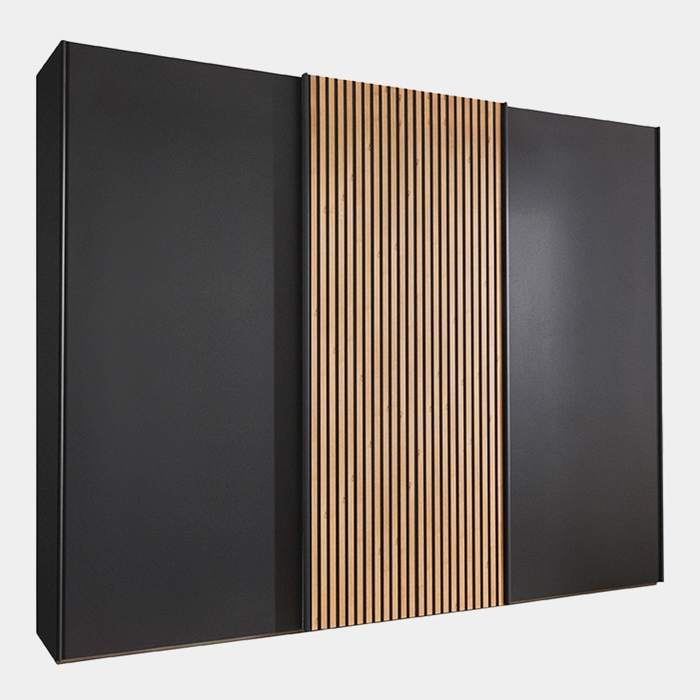 Lakewood - 250cm 3 Door Sliding Robe 1 Centre Bianco Oak Decking /Outer Doors Graphite