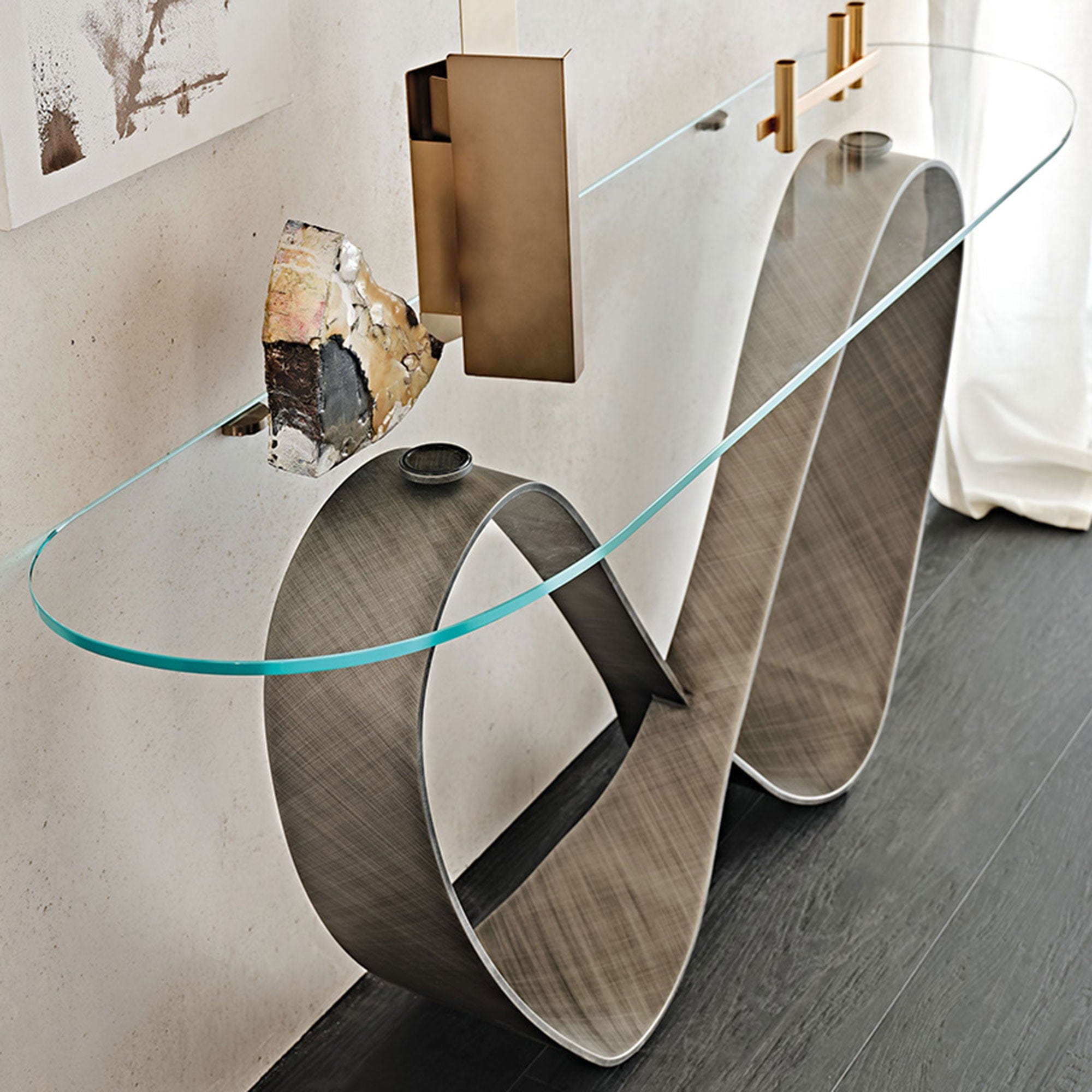 Cattelan Italia Butterfly - Console Table With Clear Glass Top Brushed Grey 180cm