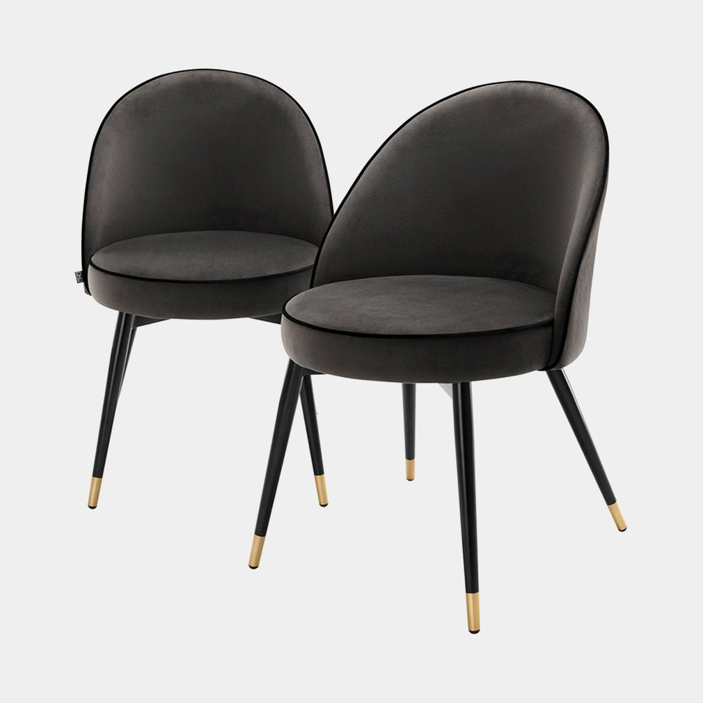 Eichholtz Cooper - Dining Chair Set Of 2, Fabric Roche Dark Grey Velvet Black Velvet Piping