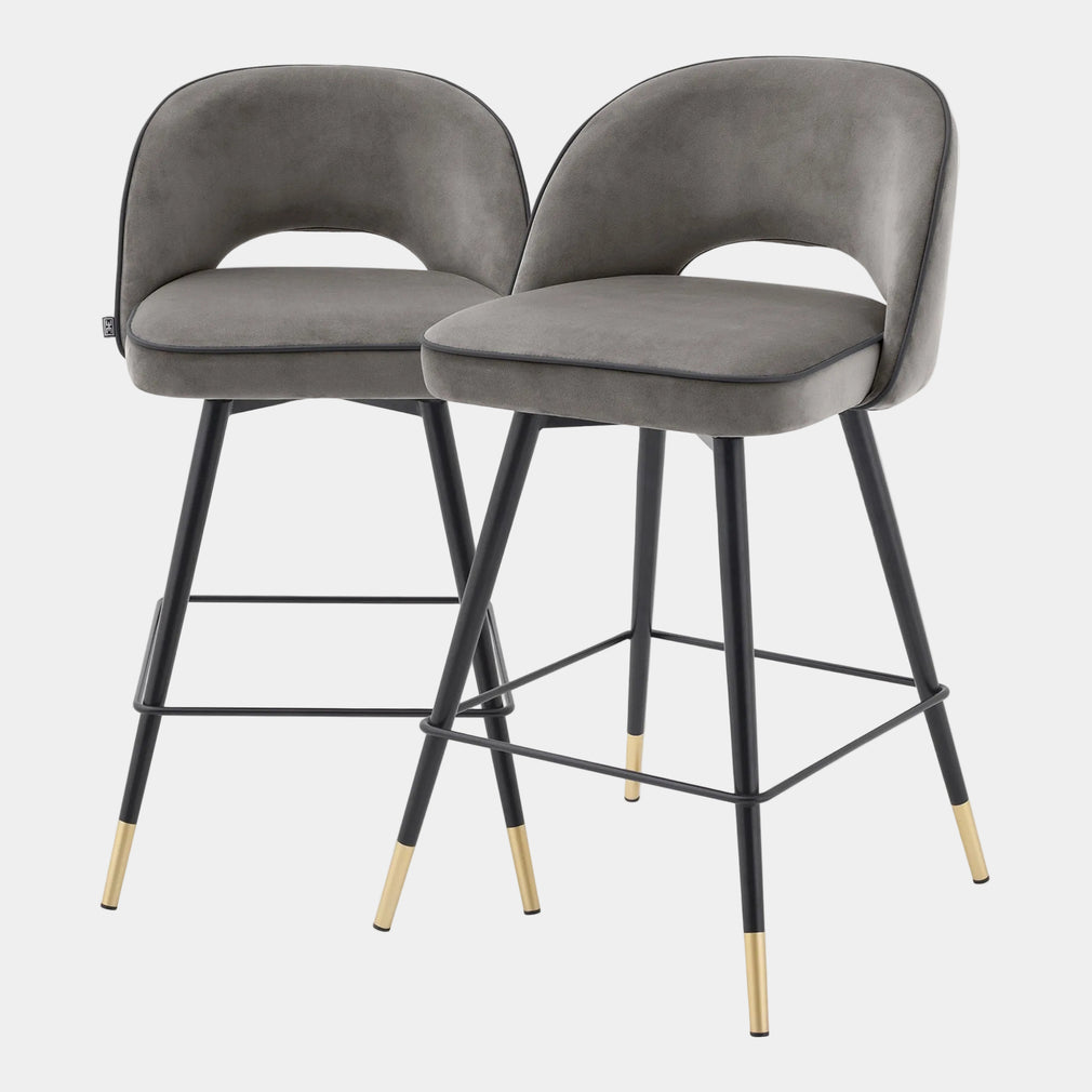 Eichholtz Cliff - Swivel Bar Stools Set Of 2, Fabric Savona Grey Velvet Black Faux Leather Piping