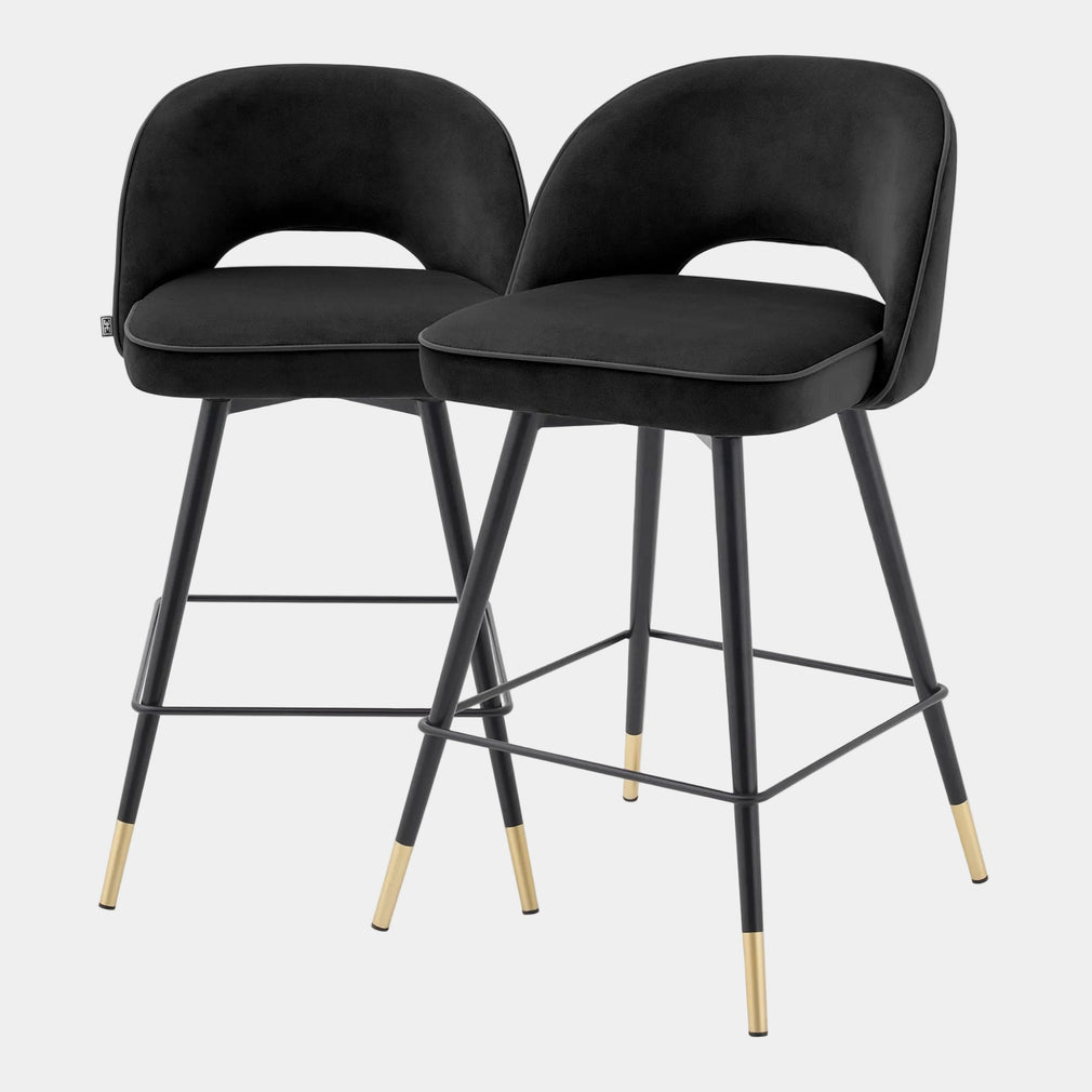Eichholtz Cliff - Swivel Bar Stools Set Of 2, Fabric Roche Black Velvet Black Faux Leather Piping