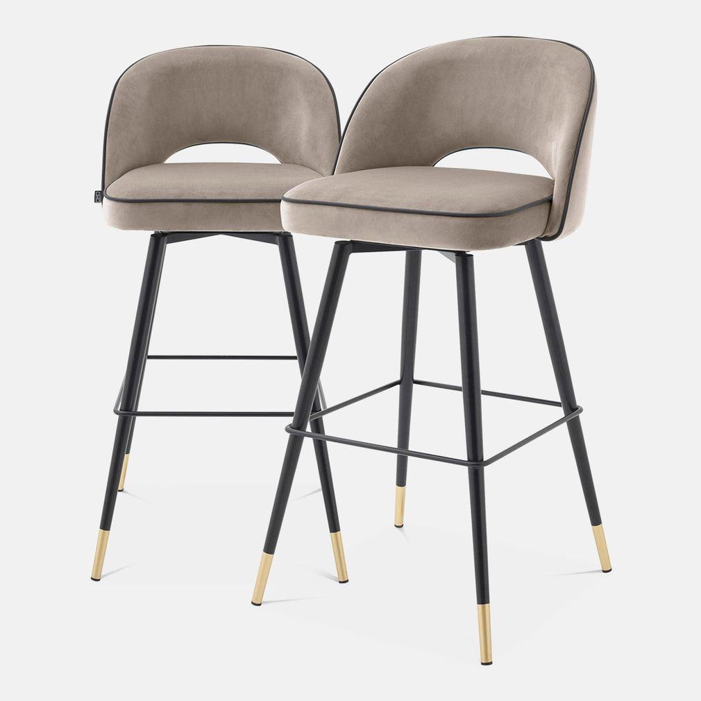 Eichholtz Cliff - Swivel Barstools Set Of 2, Velvet Savona Greige Velvet Black Faux Leather Piping