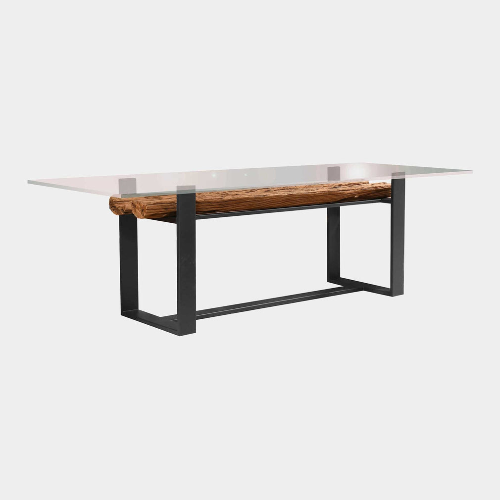 200cm Dining Table Reclaimed Railway Sleeper With Glass Top & Matt Black Base