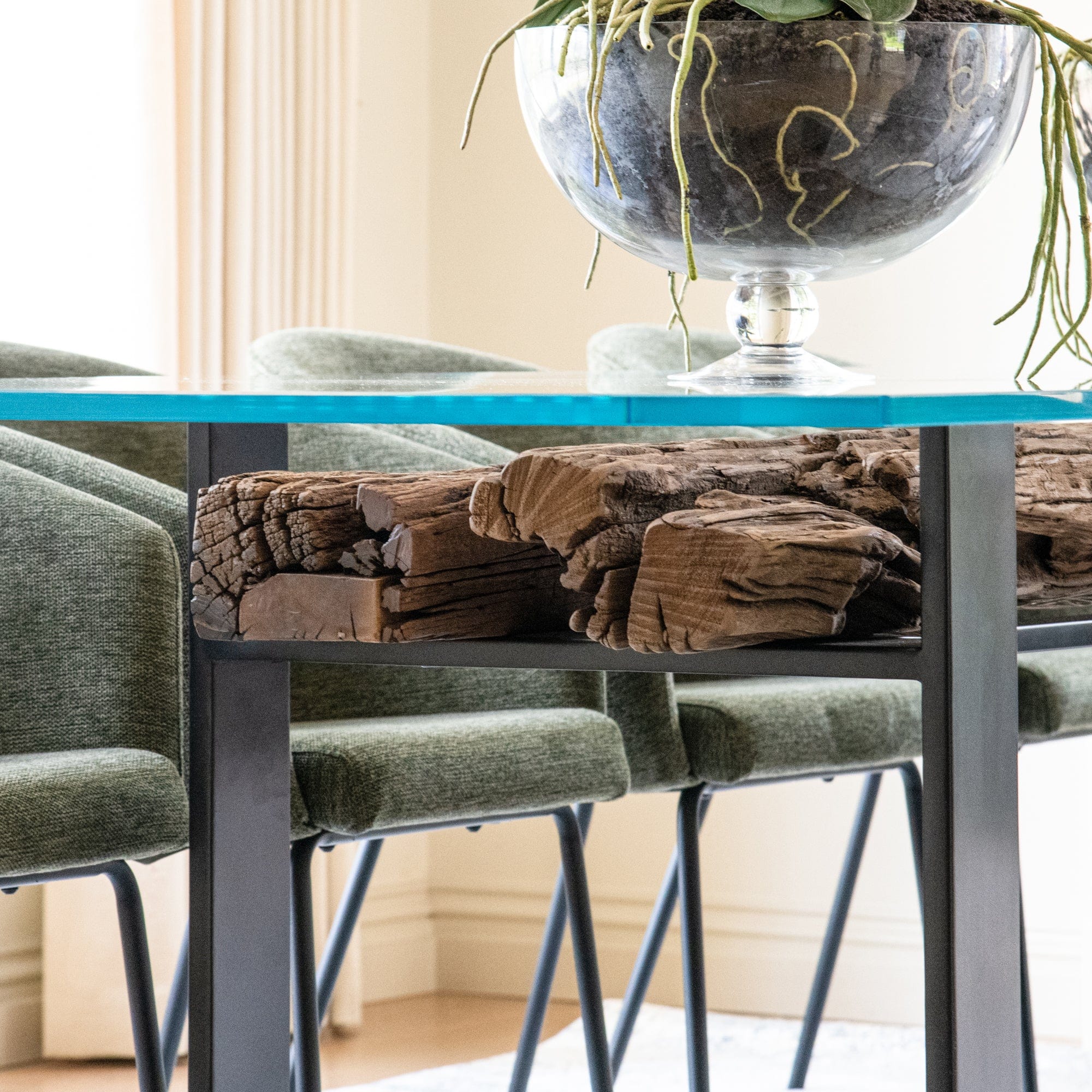 240cm Dining Table Reclaimed Railway Sleeper With Glass Top & Matt Black Base