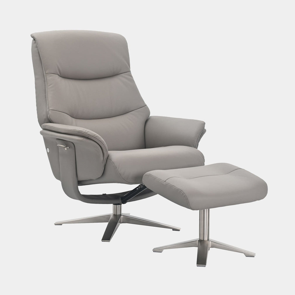 Manitoba - Swivel Recliner Chair & Stool In Full Leather Platinum, Chrome Base