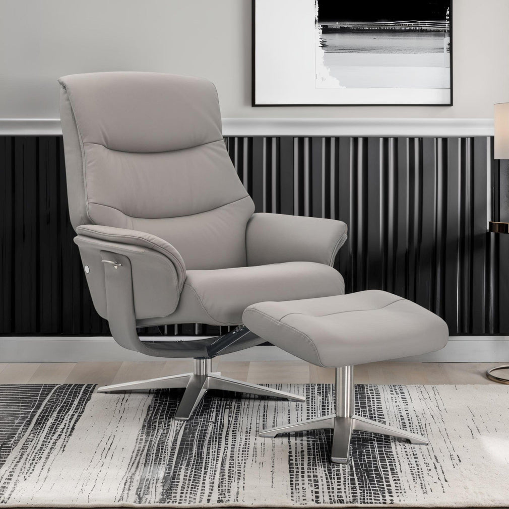 Manitoba - Swivel Recliner Chair & Stool In Full Leather Platinum, Chrome Base