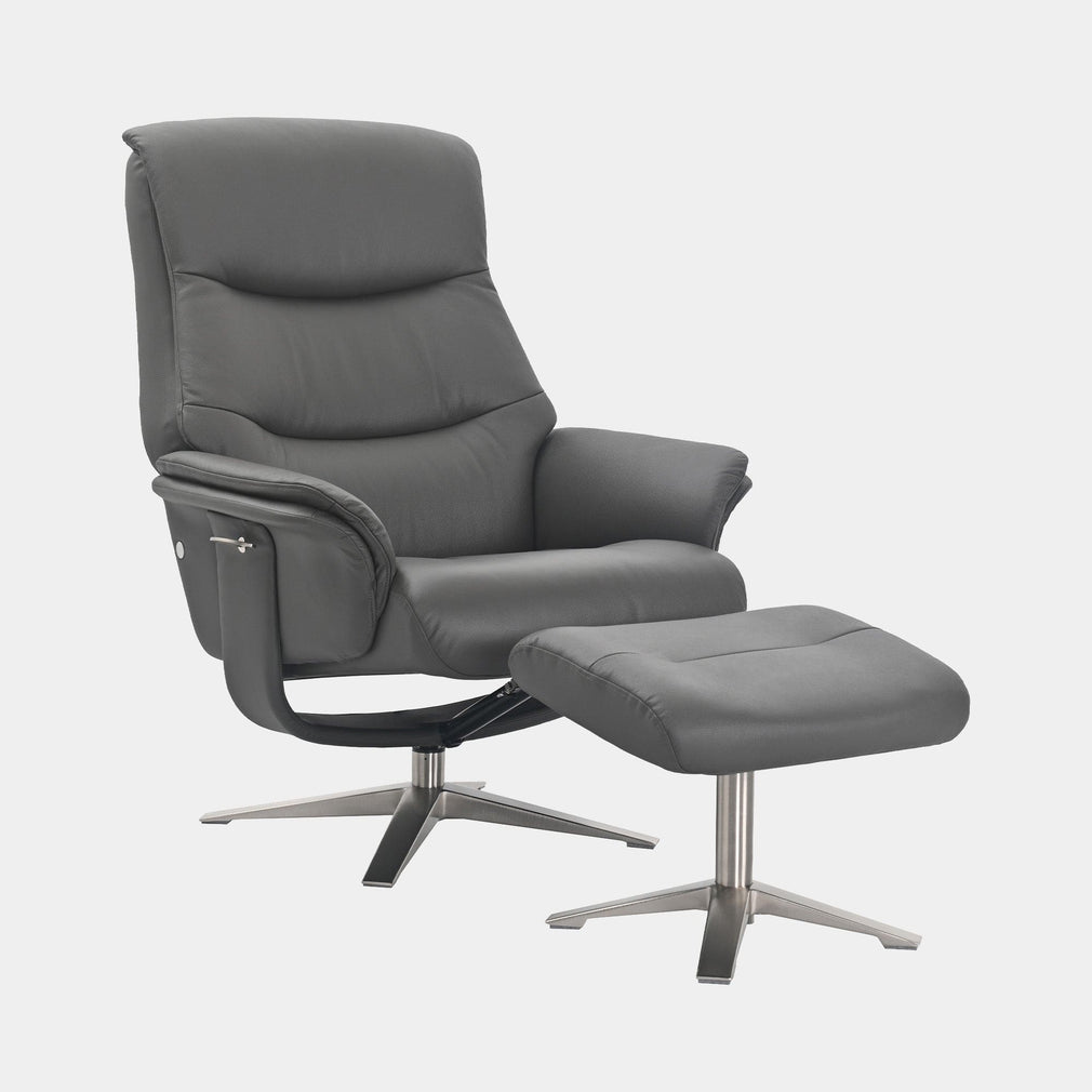 Manitoba - Swivel Recliner Chair & Stool In Full Leather Iron, Chrome Base