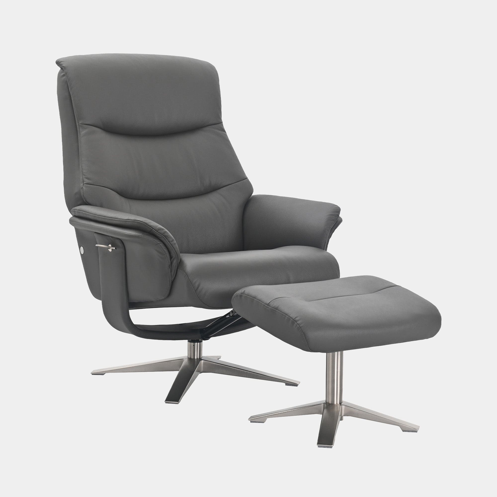 Manitoba - Swivel Recliner Chair & Stool In Full Leather Iron, Chrome Base
