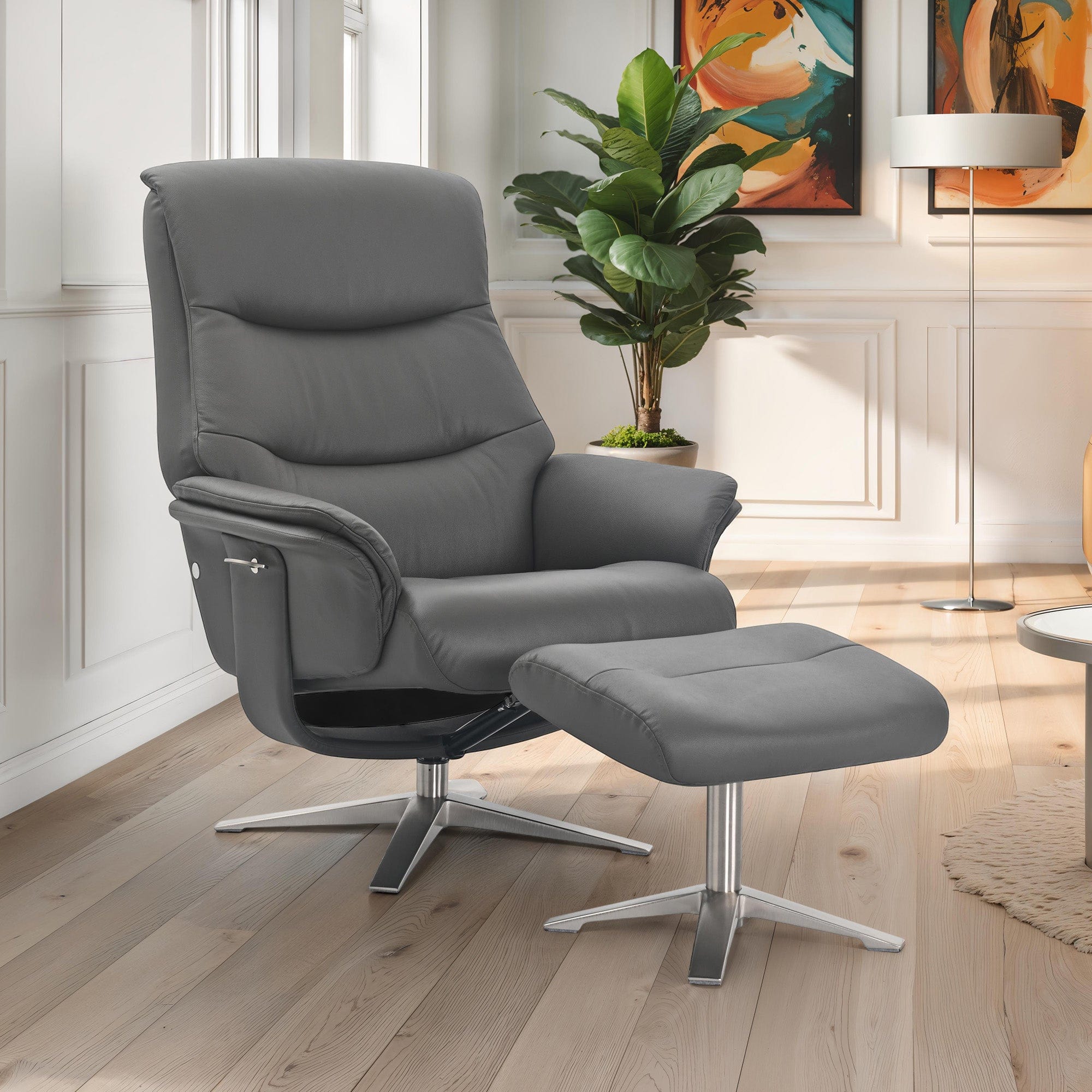 Manitoba - Swivel Recliner Chair & Stool In Full Leather Iron, Chrome Base