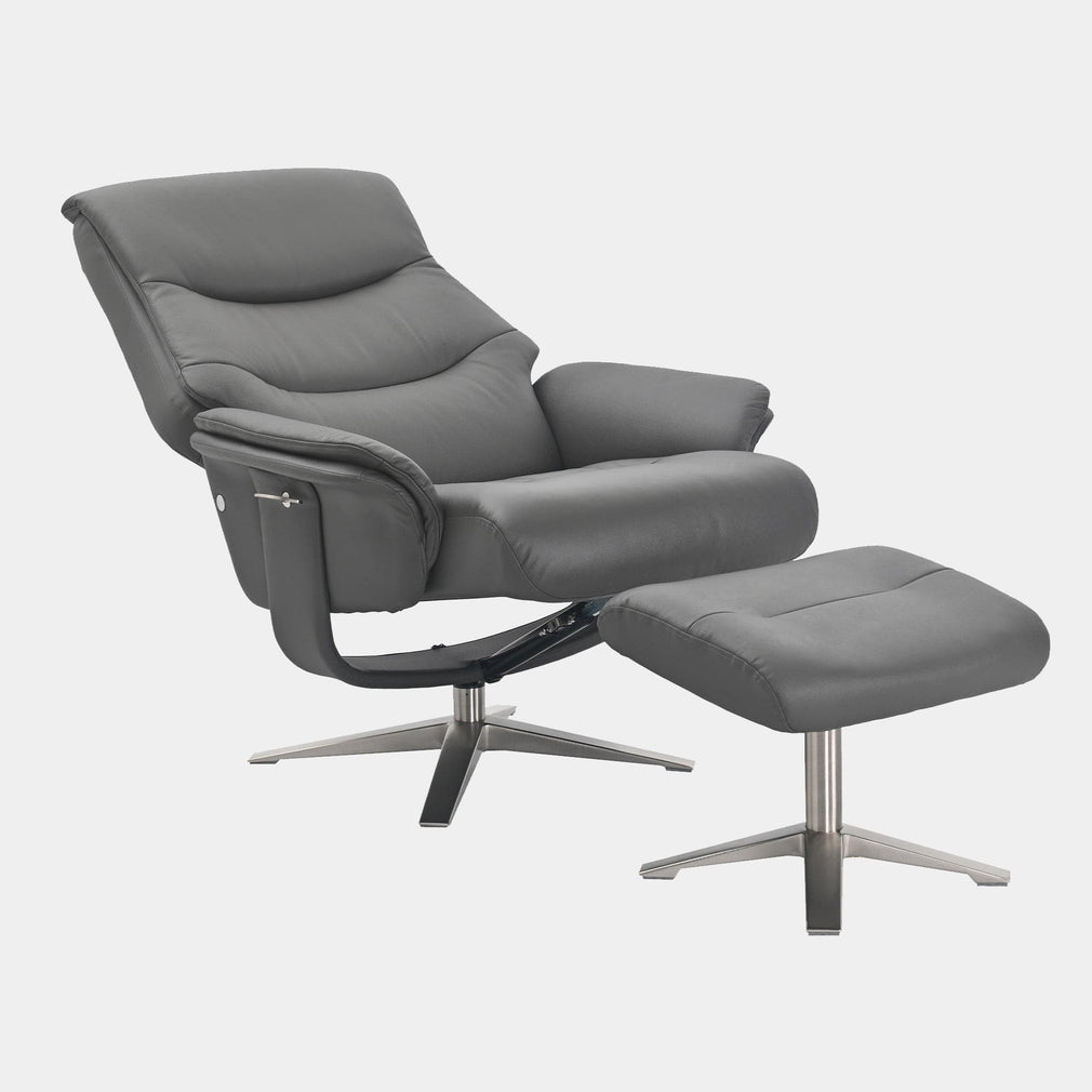 Manitoba - Swivel Recliner Chair & Stool In Full Leather Iron, Chrome Base