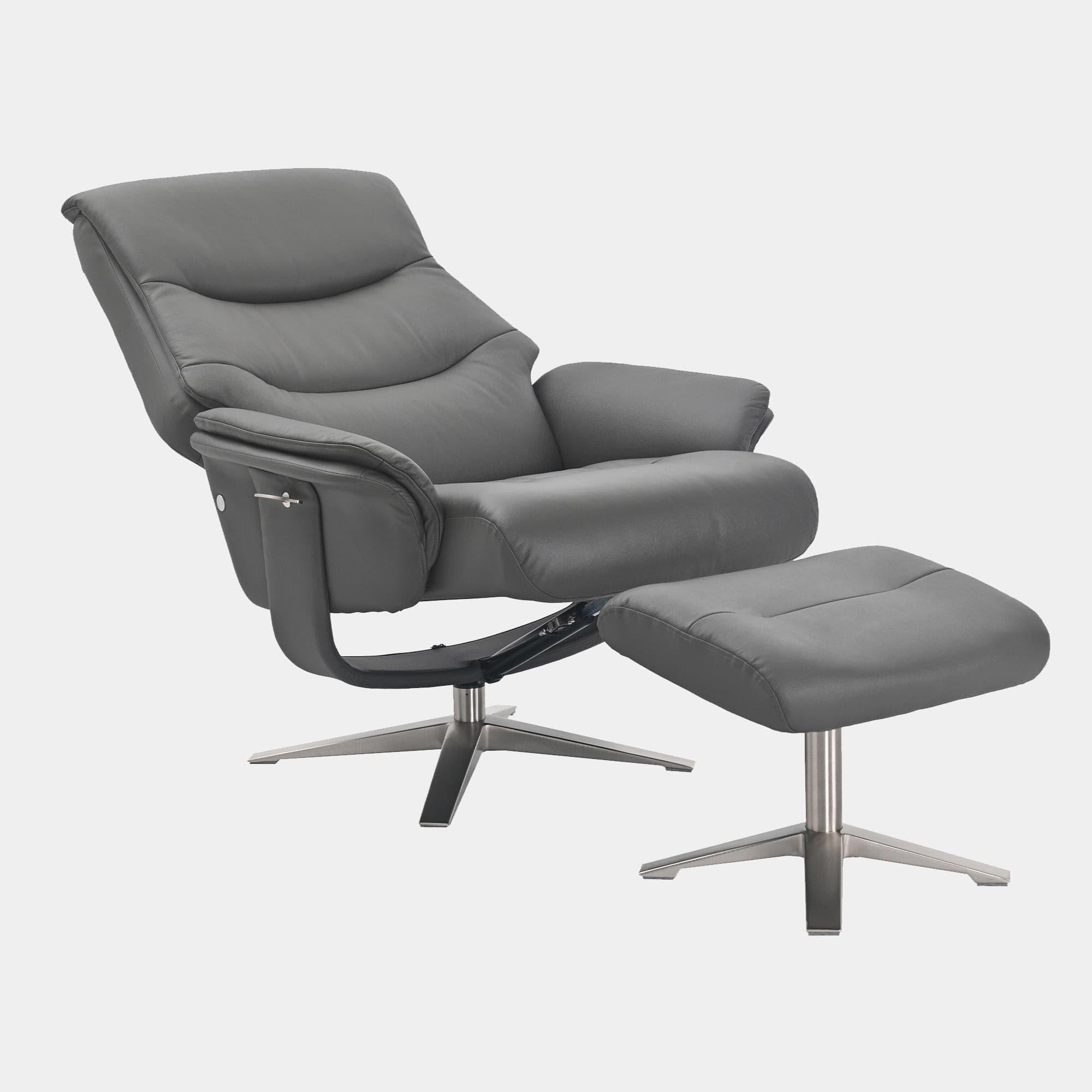 Manitoba - Swivel Recliner Chair & Stool In Full Leather Iron, Chrome Base
