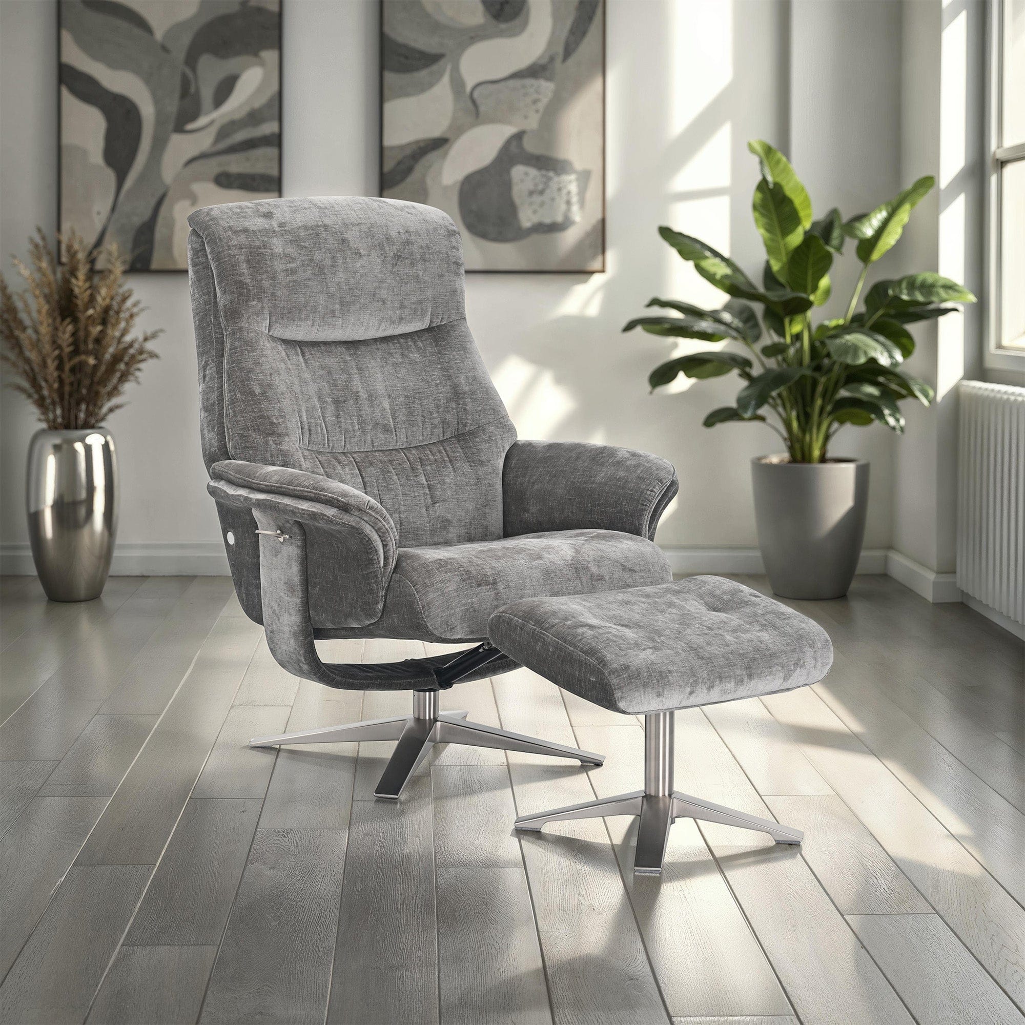 Manitoba - Swivel Recliner Chair & Stool In Fabric Wishing Well, Chrome Base
