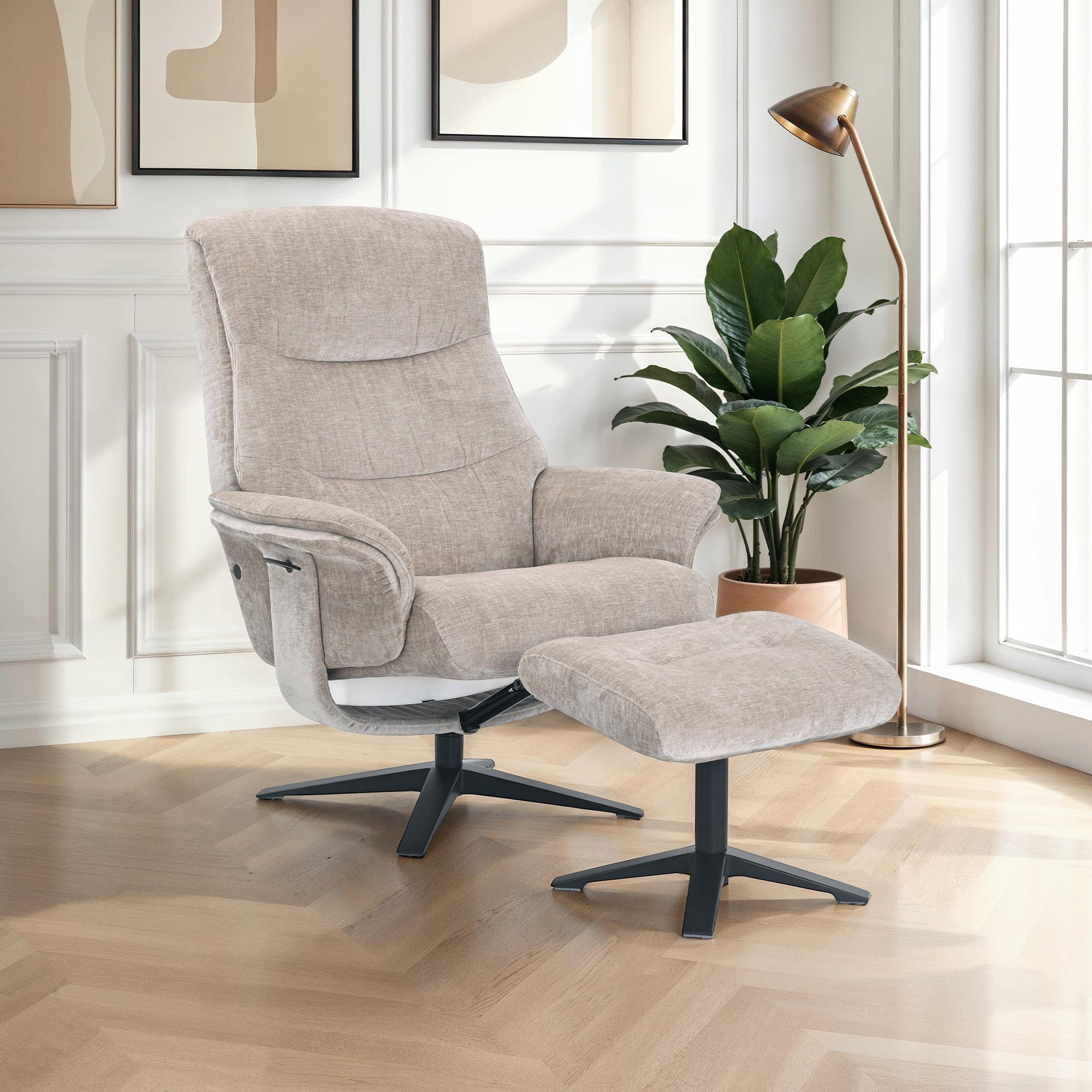 Manitoba - Swivel Recliner Chair & Stool In Fabric Husk, Black Base