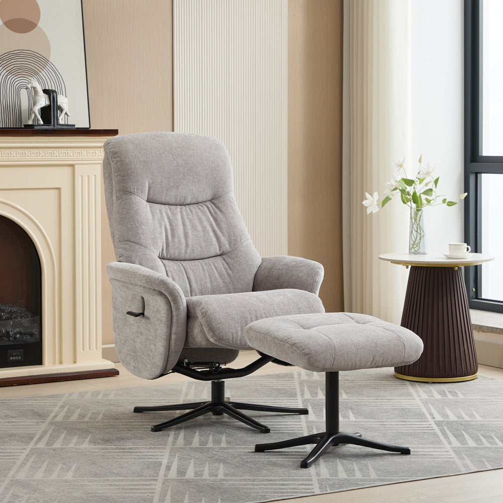 Alberta - Swivel Recliner Chair & Stool In Fabric Cloud, Black Base