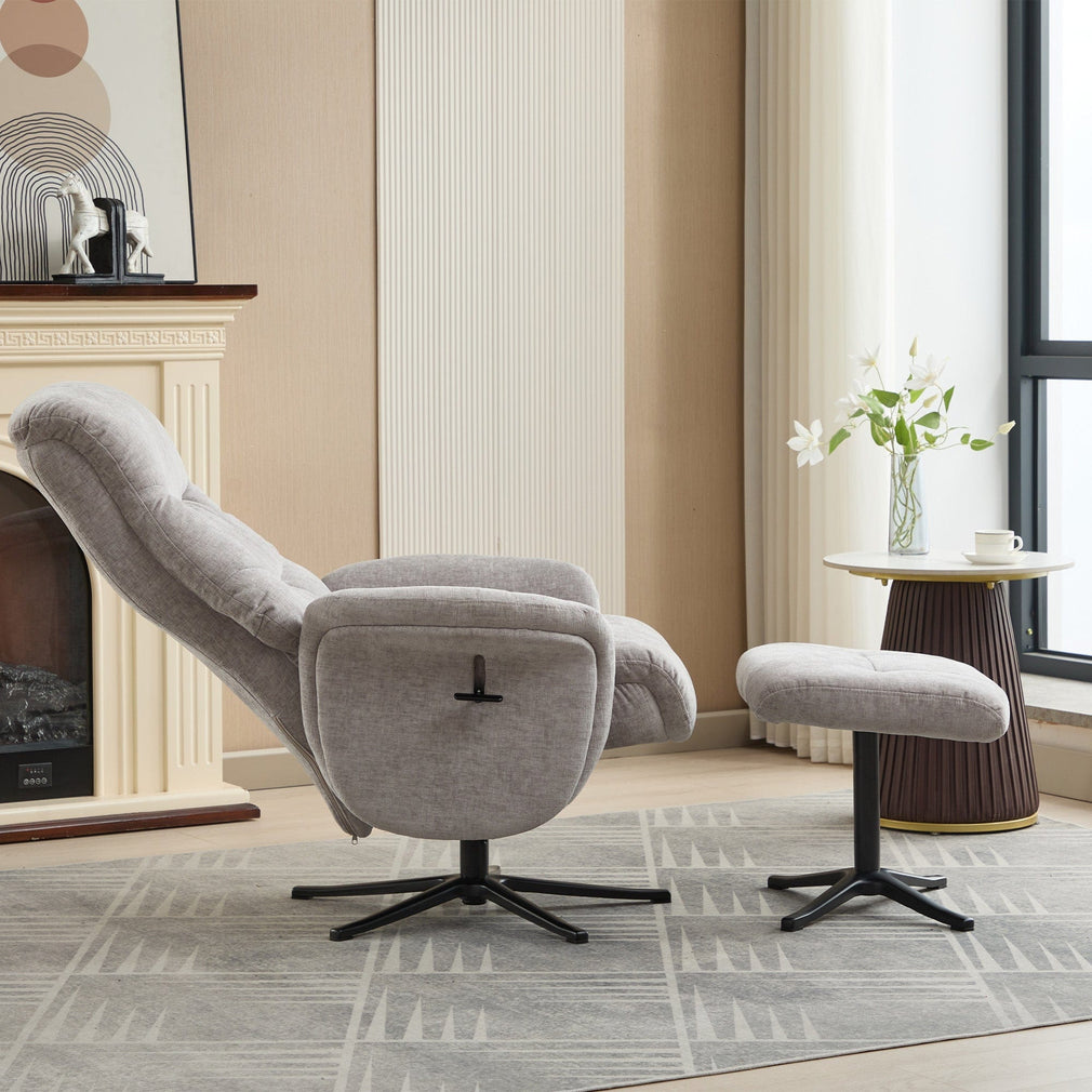 Alberta - Swivel Recliner Chair & Stool In Fabric Cloud, Black Base