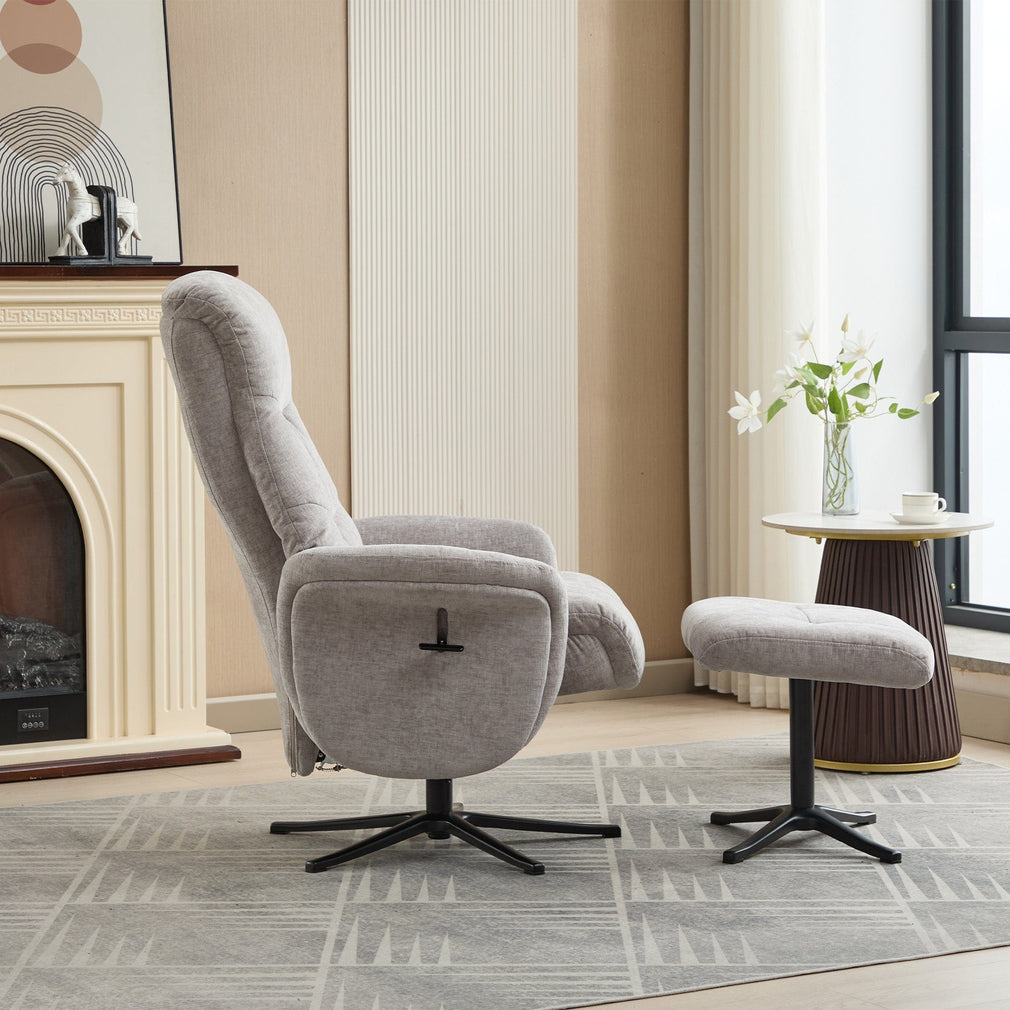 Alberta - Swivel Recliner Chair & Stool In Fabric Cloud, Black Base