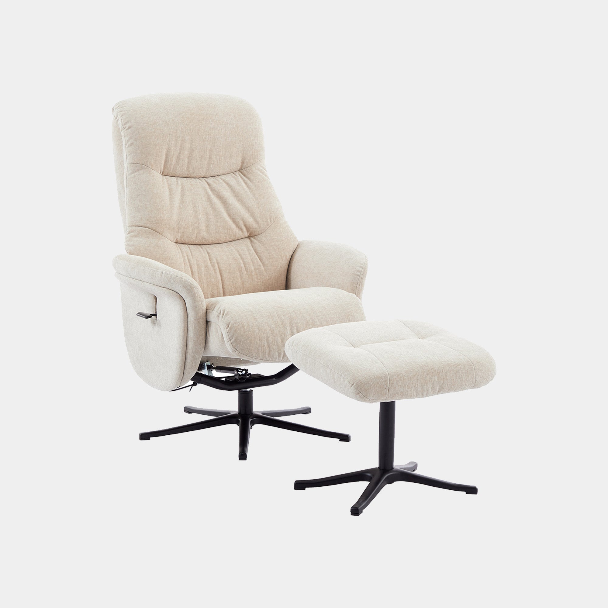 Alberta - Swivel Recliner Chair & Stool In Fabric Barley, Black Base