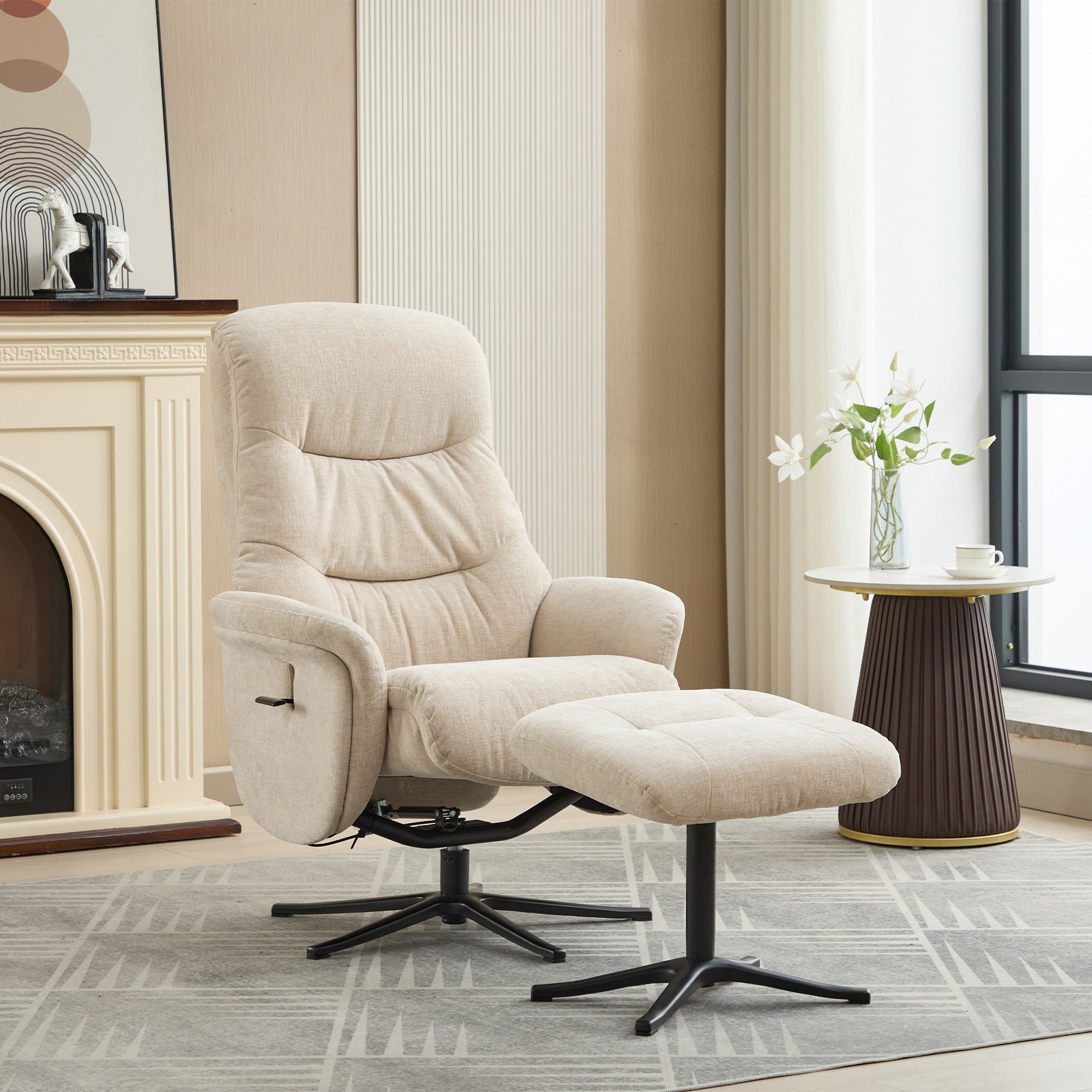 Alberta - Swivel Recliner Chair & Stool In Fabric Barley, Black Base