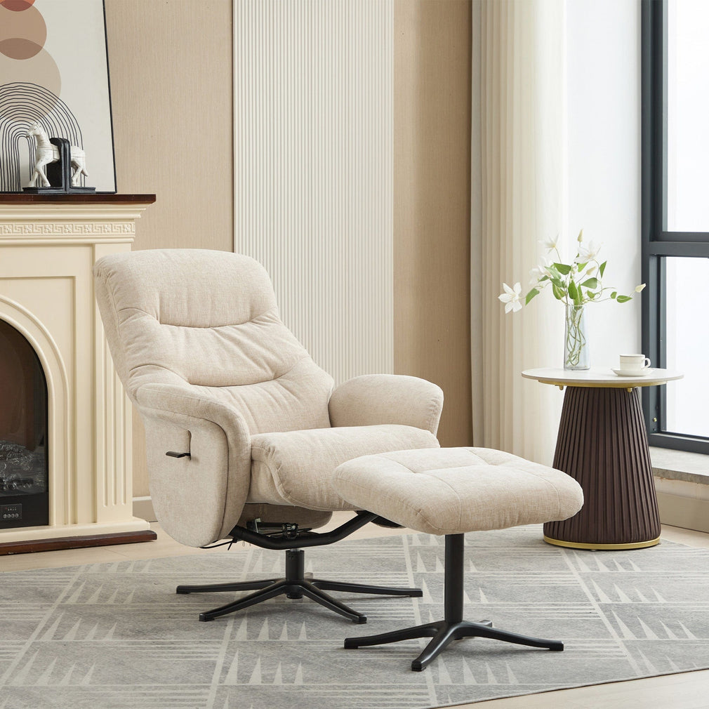 Alberta - Swivel Recliner Chair & Stool In Fabric Barley, Black Base