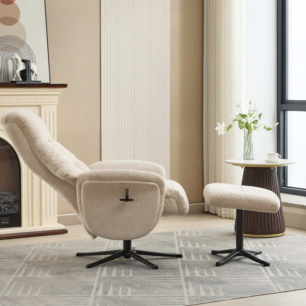 Alberta - Swivel Recliner Chair & Stool In Fabric Barley, Black Base