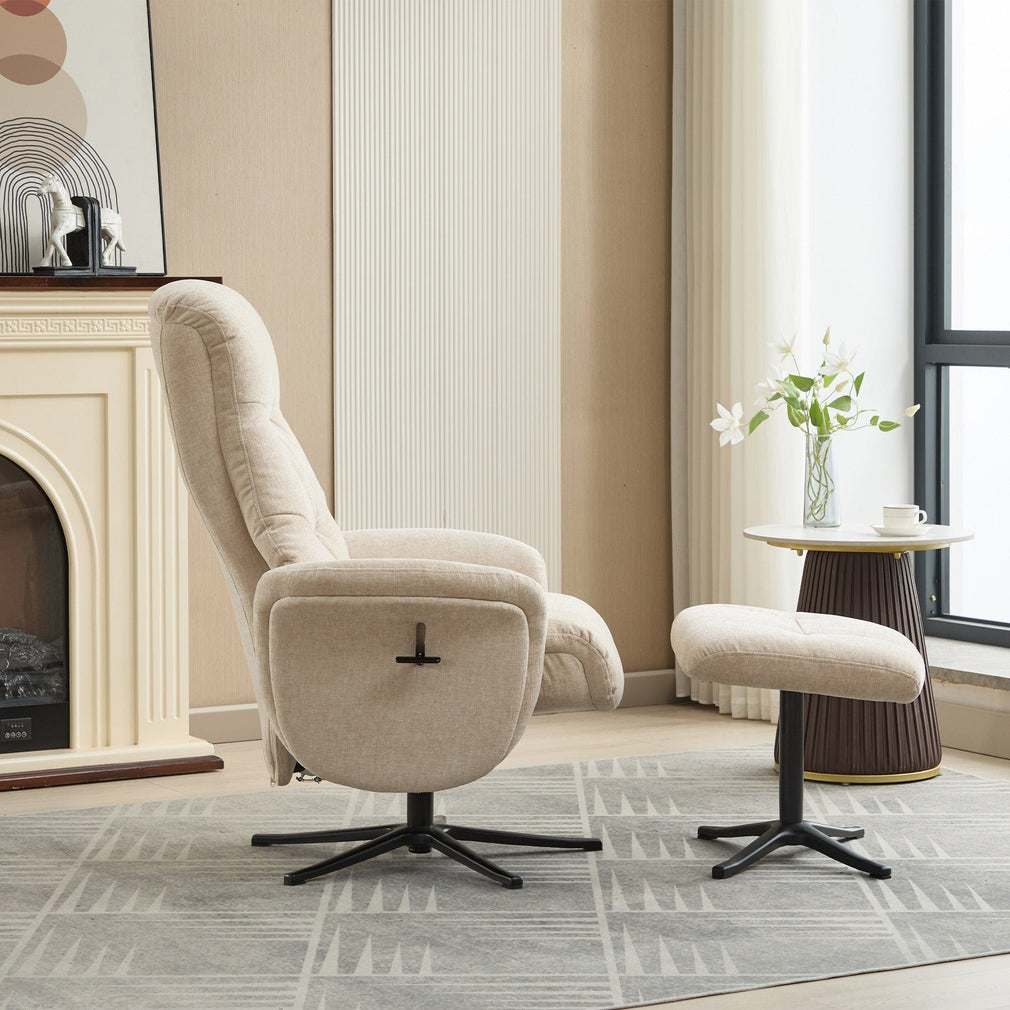 Alberta - Swivel Recliner Chair & Stool In Fabric Barley, Black Base
