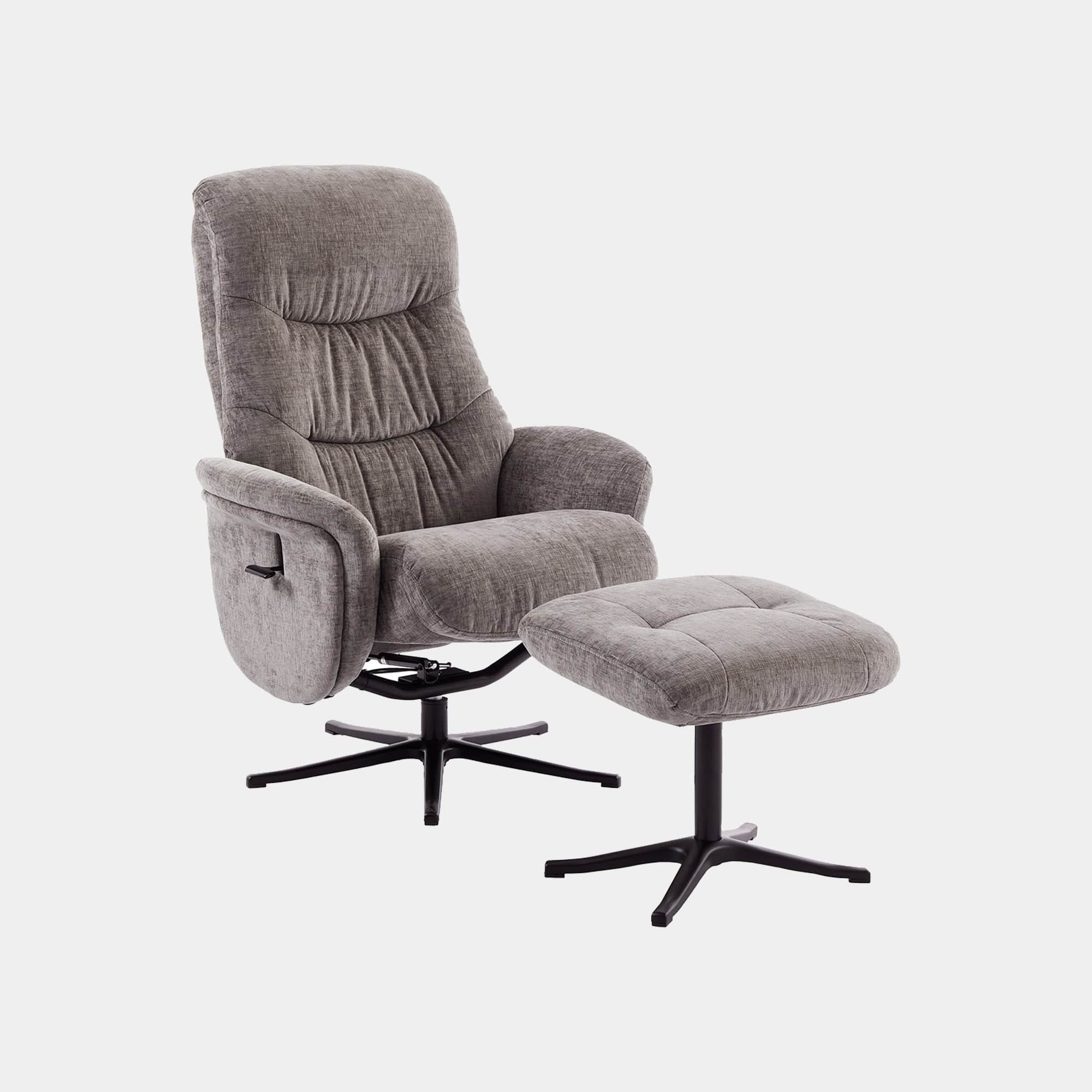 Alberta - Swivel Recliner Chair & Stool In Fabric Ash, Black Base