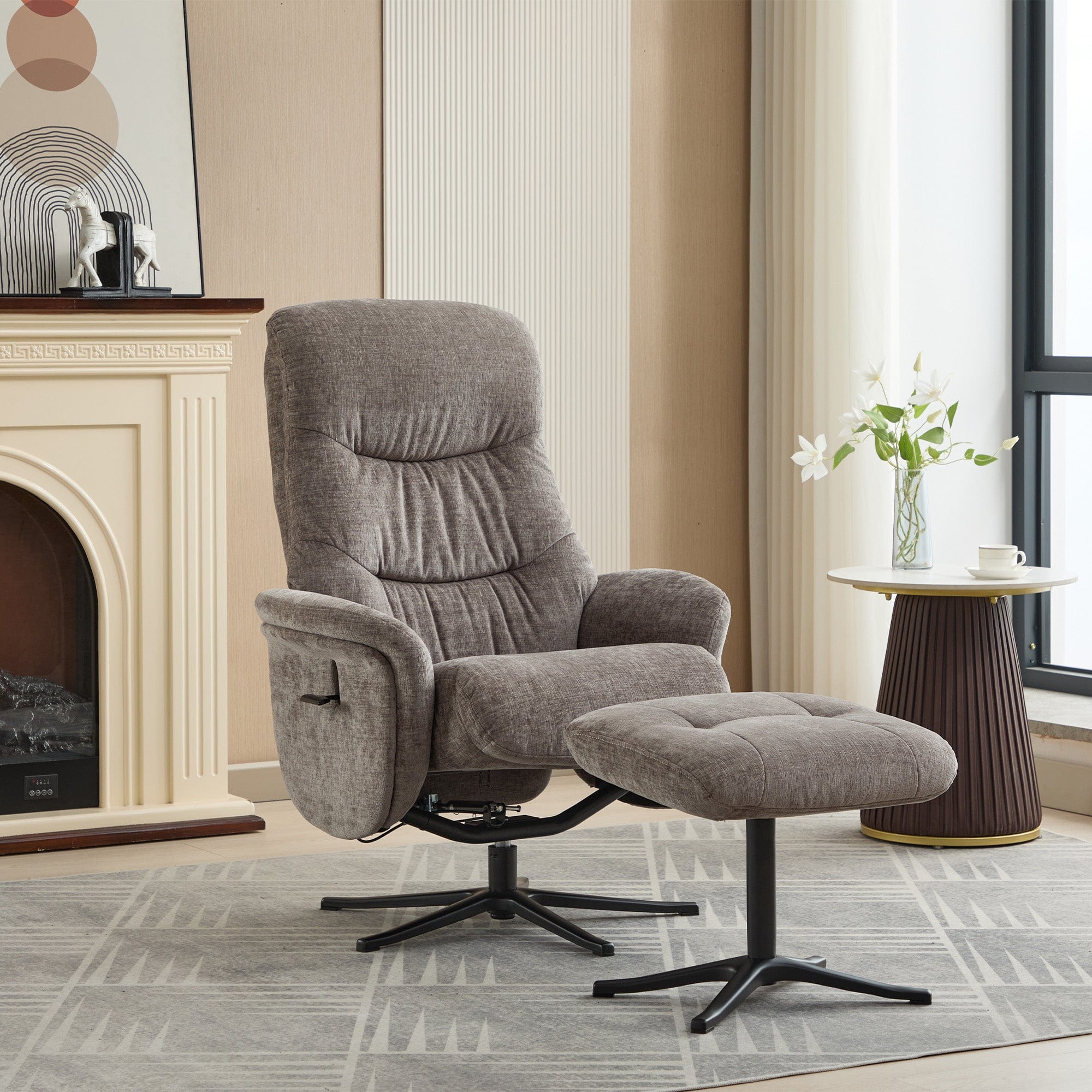 Alberta - Swivel Recliner Chair & Stool In Fabric Ash, Black Base