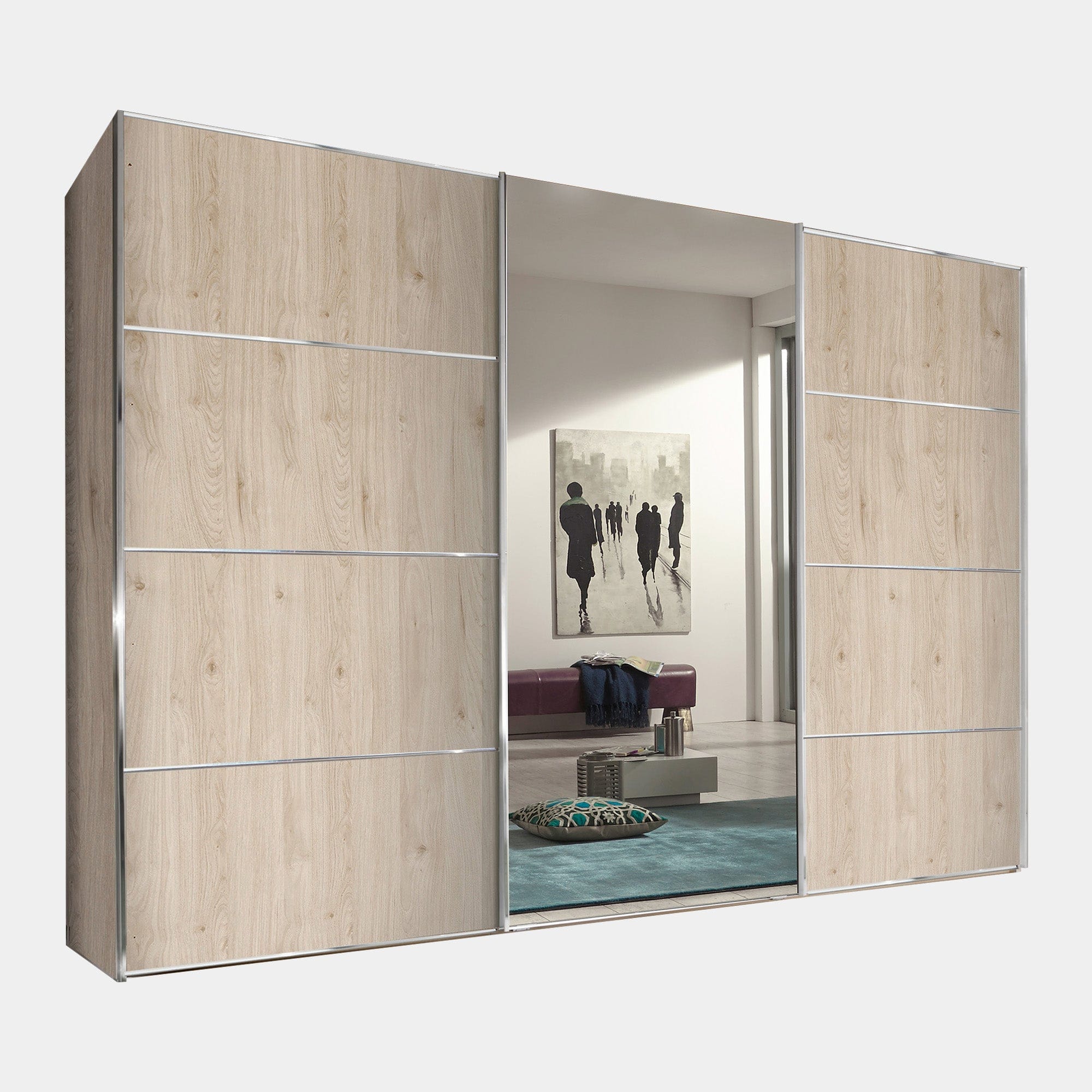 Lauderdale - Mirrored Wardrobe 280cm Sliding 3 Door, Centre Mirror Door, 4 Panel Fronts