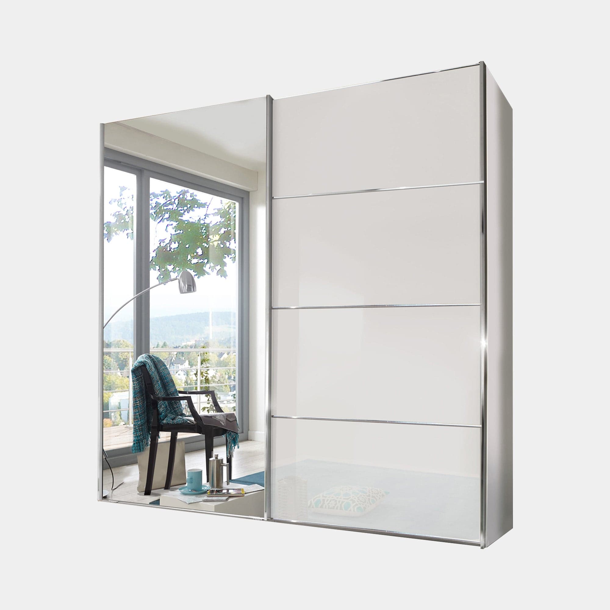 Lauderdale - Mirrored Wardrobe In White Glass 200cm Sliding 2 Door, LH Mirror Door, 4 Panel Fronts