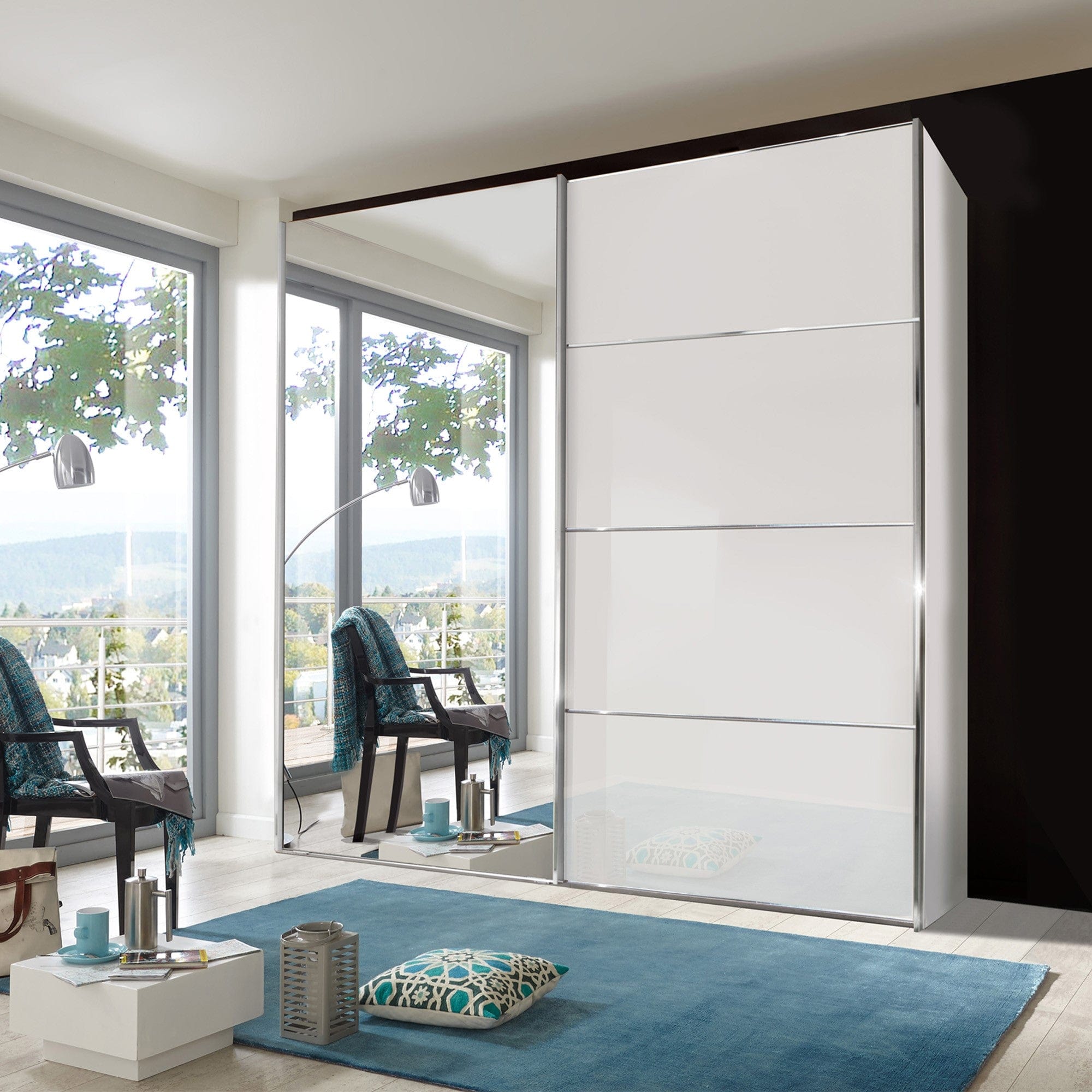 Lauderdale - Mirrored Wardrobe In White Glass 200cm Sliding 2 Door, LH Mirror Door, 4 Panel Fronts