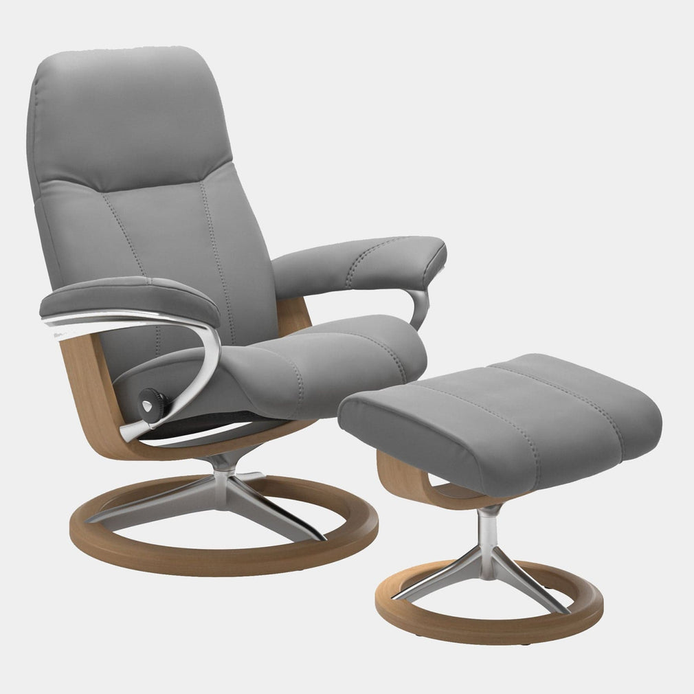 Stressless Consul - Armchair & Stool, Signature Leather Batick Wild Dove Leather With Oak Finish Frame