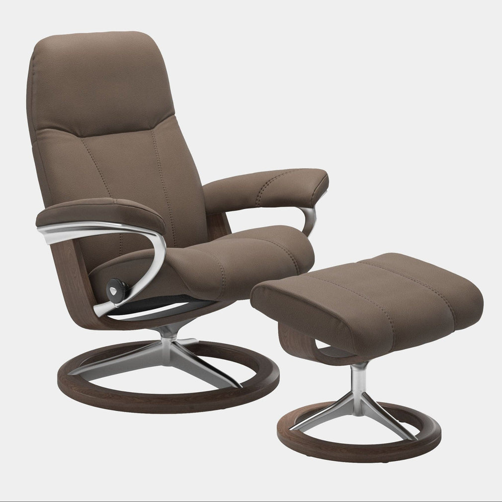 Stressless Consul - Armchair & Stool, Signature Leather Batick Mole Leather With Walnut Finish Frame