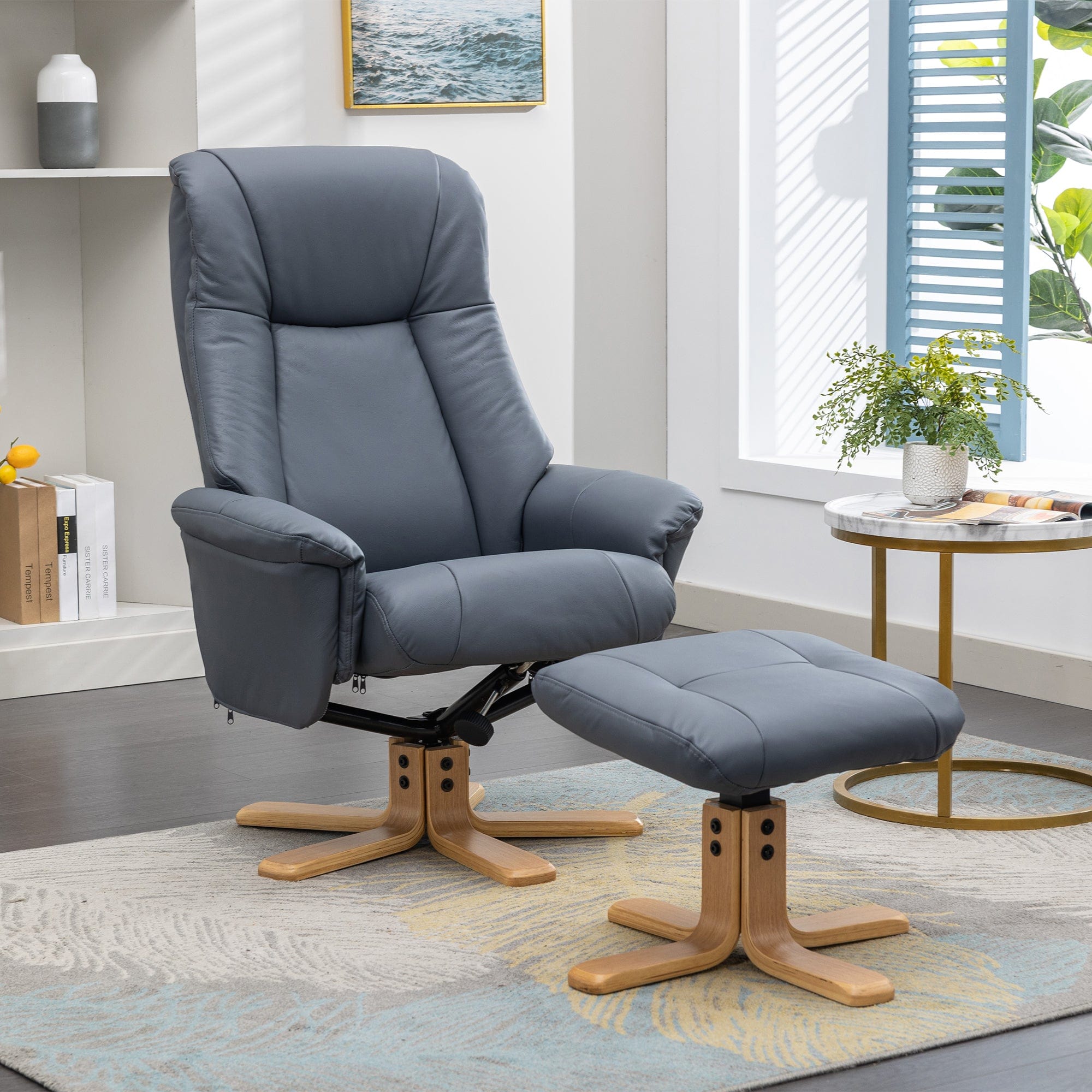Sierra - Swivel Chair & Stool In Leather Match Petrol Blue With Mid Oak Base