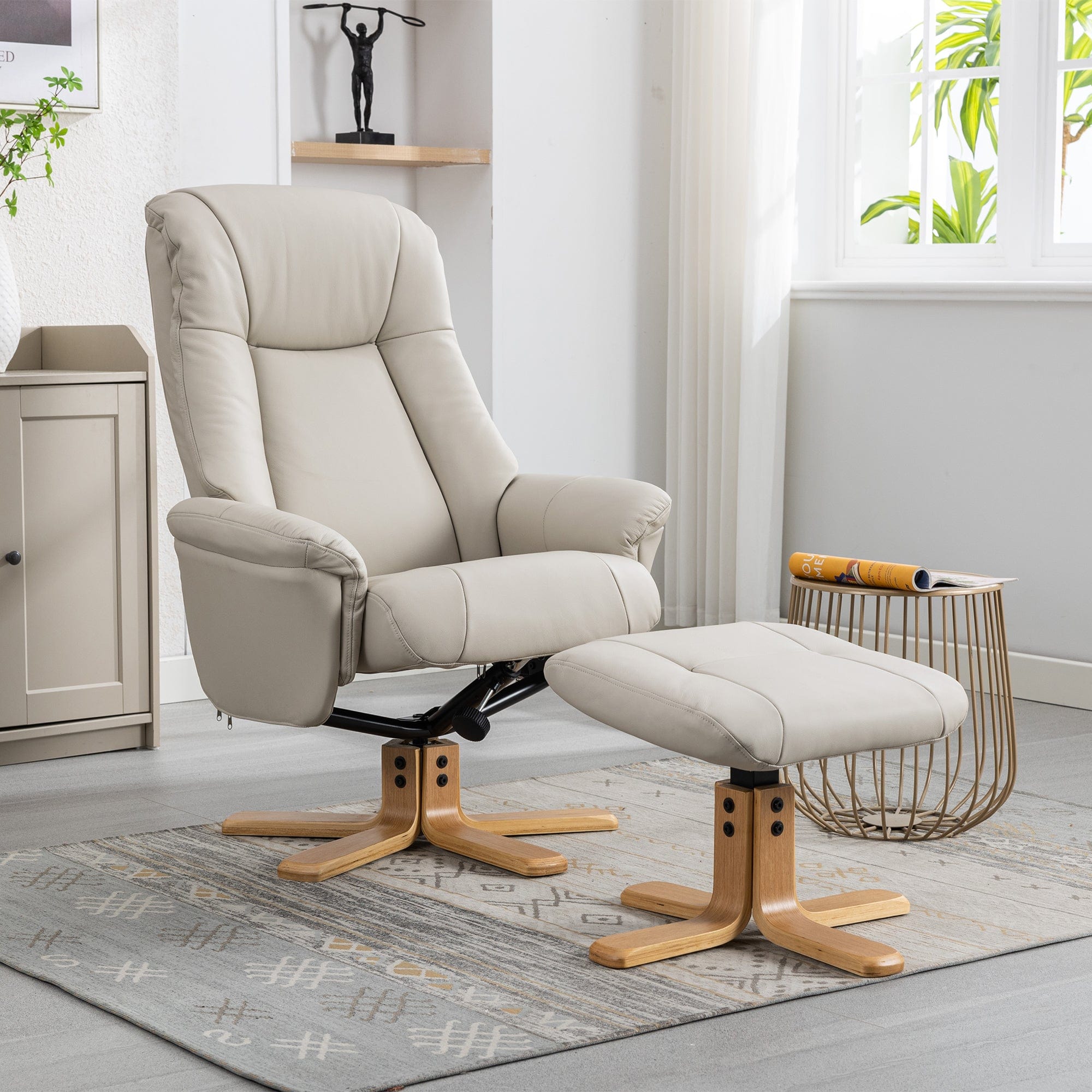 Sierra - Swivel Chair & Stool In Leather Match Mushroom With Mid Oak Base