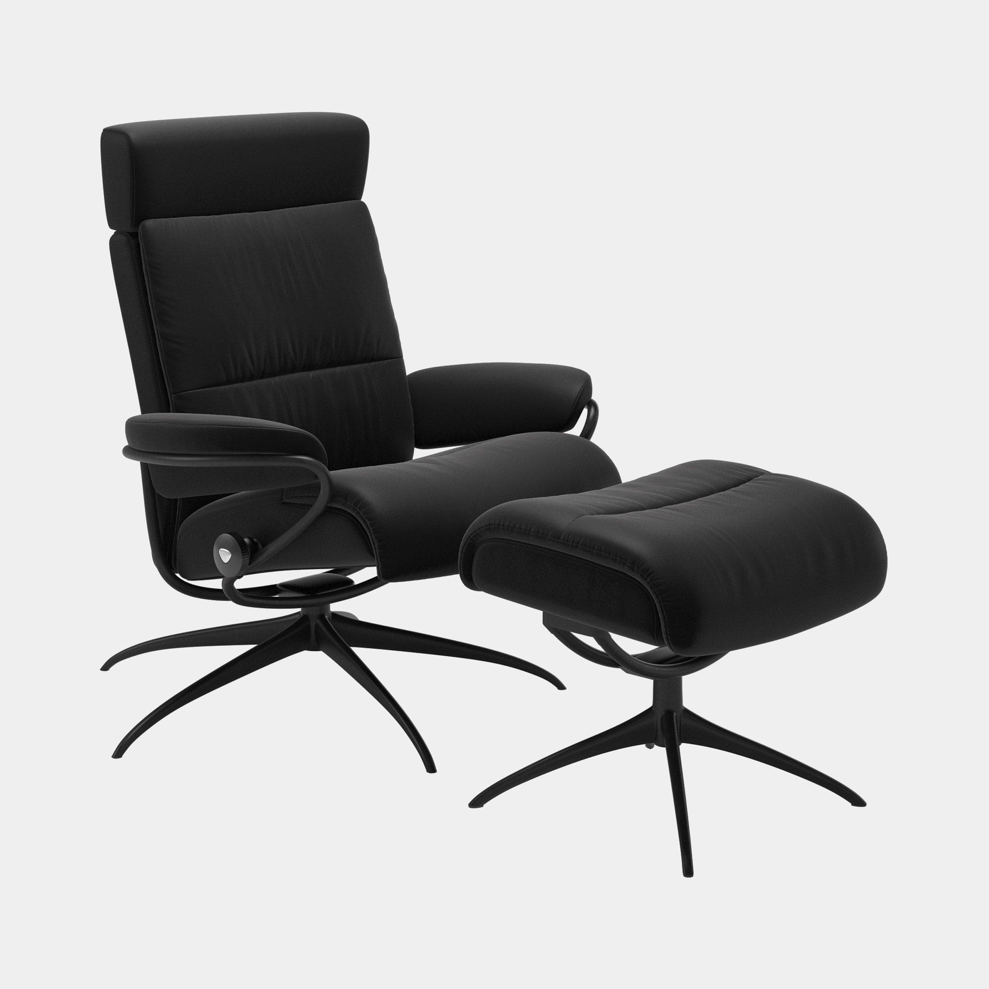 QUICKSHIP - Chair With Footstool With Headrest With Matt Black Star Base In Leather Paloma Black