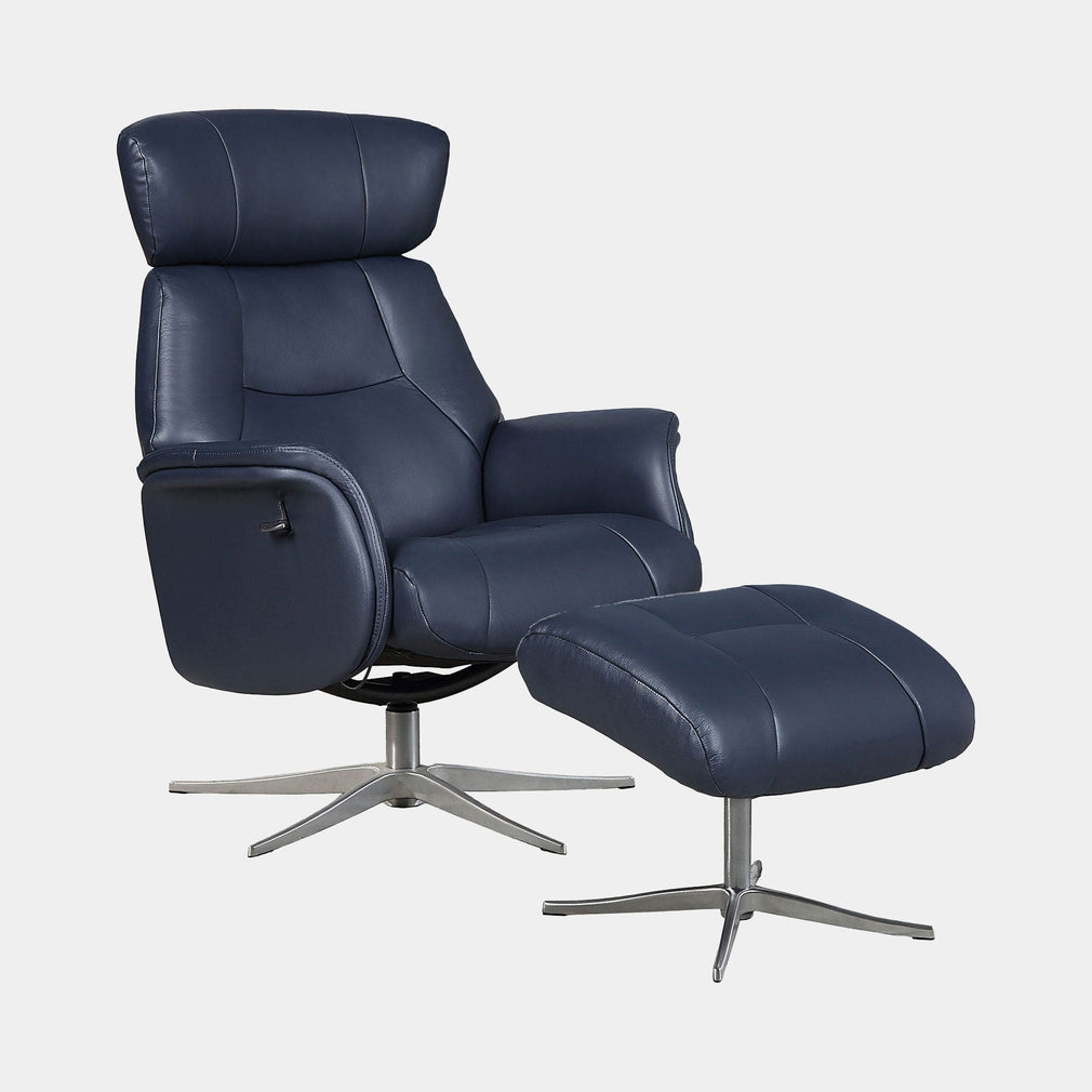 Senator - Swivel Recliner Chair & Footstool In Leather With Chrome Base Match Navy